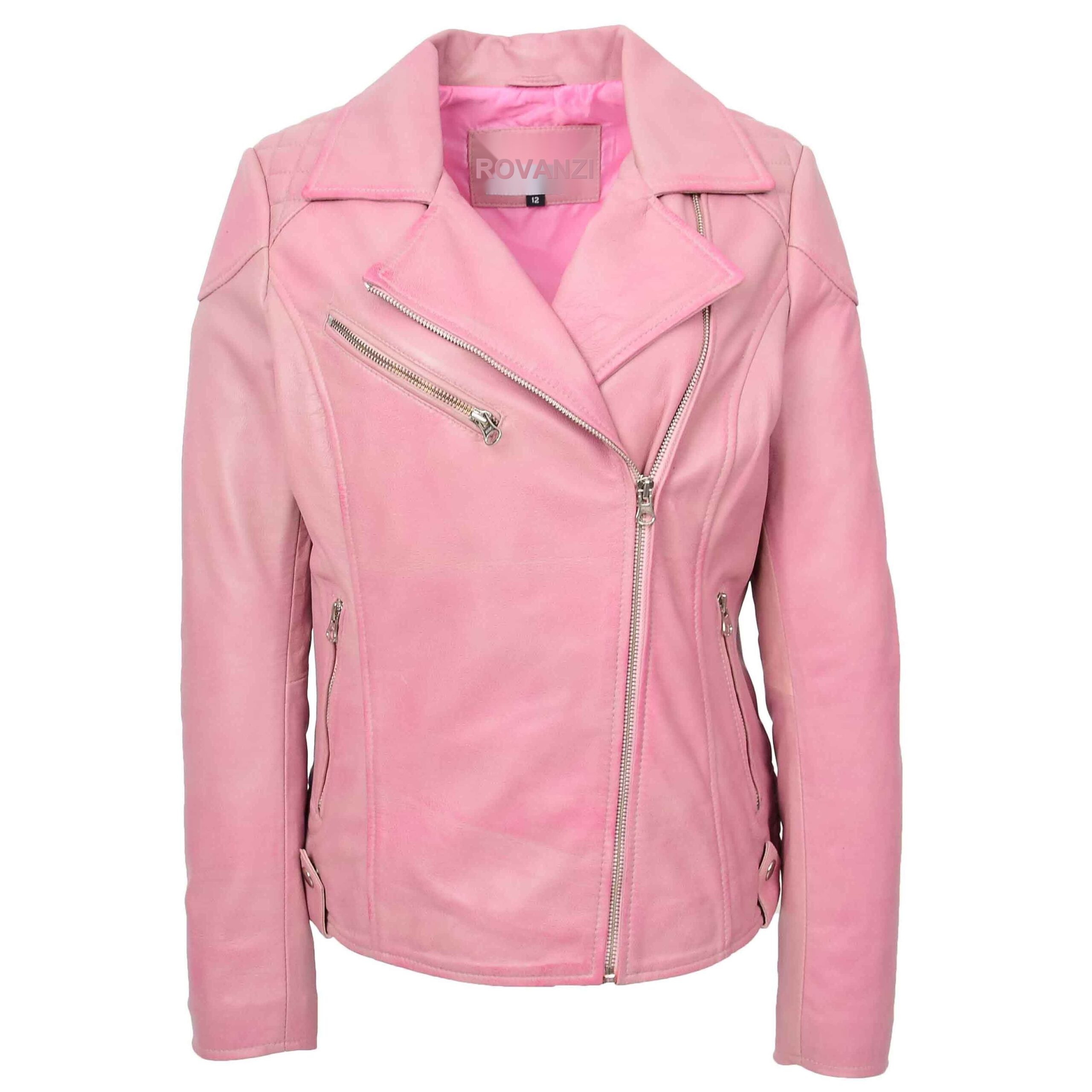BUNERI Pink Women's Real Leather Biker Jacket Cross Zip Pockets