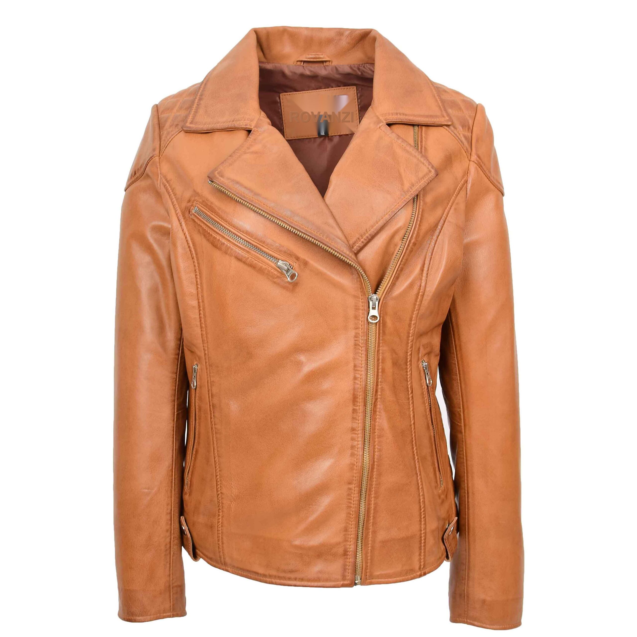 BUNERI Tan Real Leather Biker Jacket Cross-Zip
