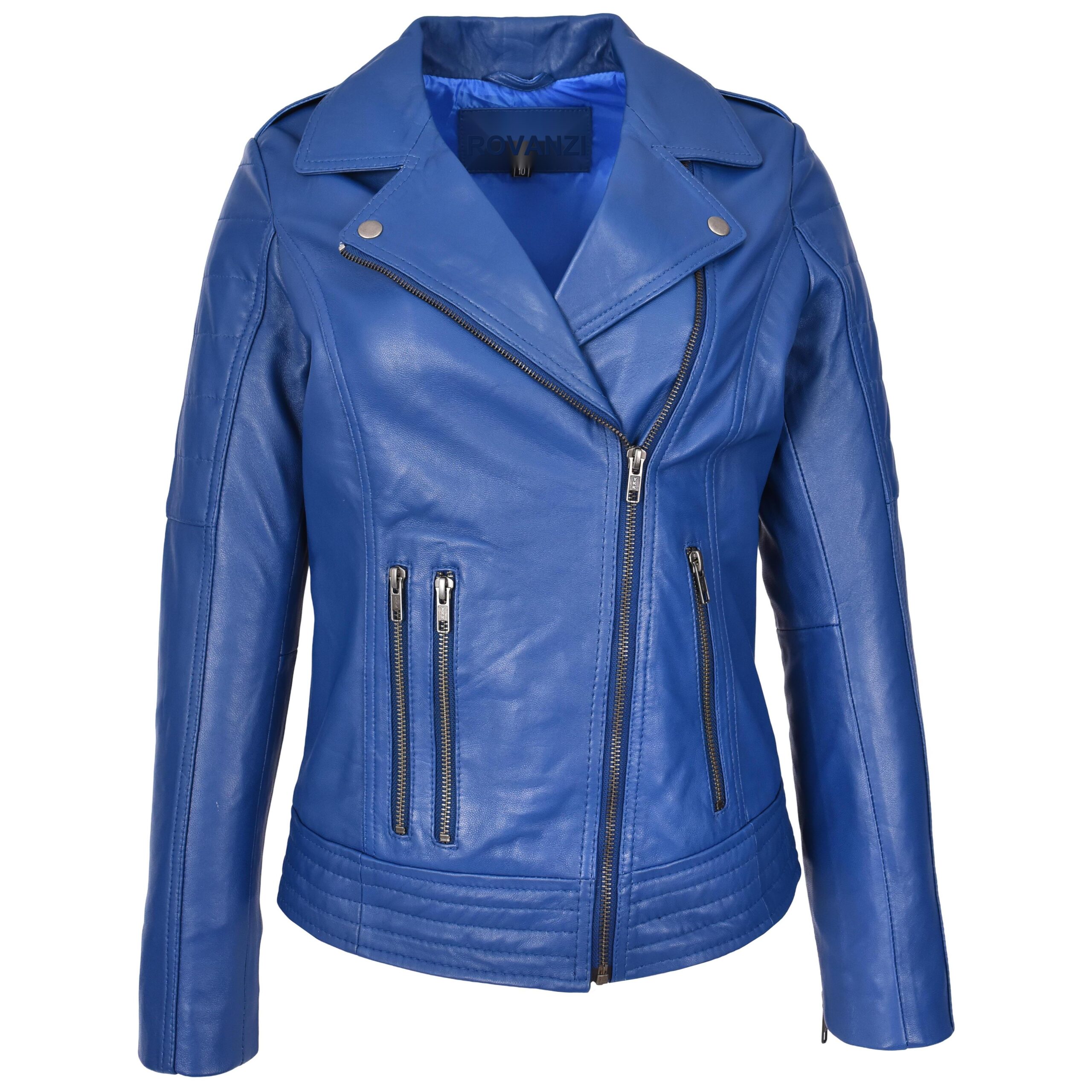 BUNERI Women's Real Leather Biker Jacket Cross Zip Style Blue