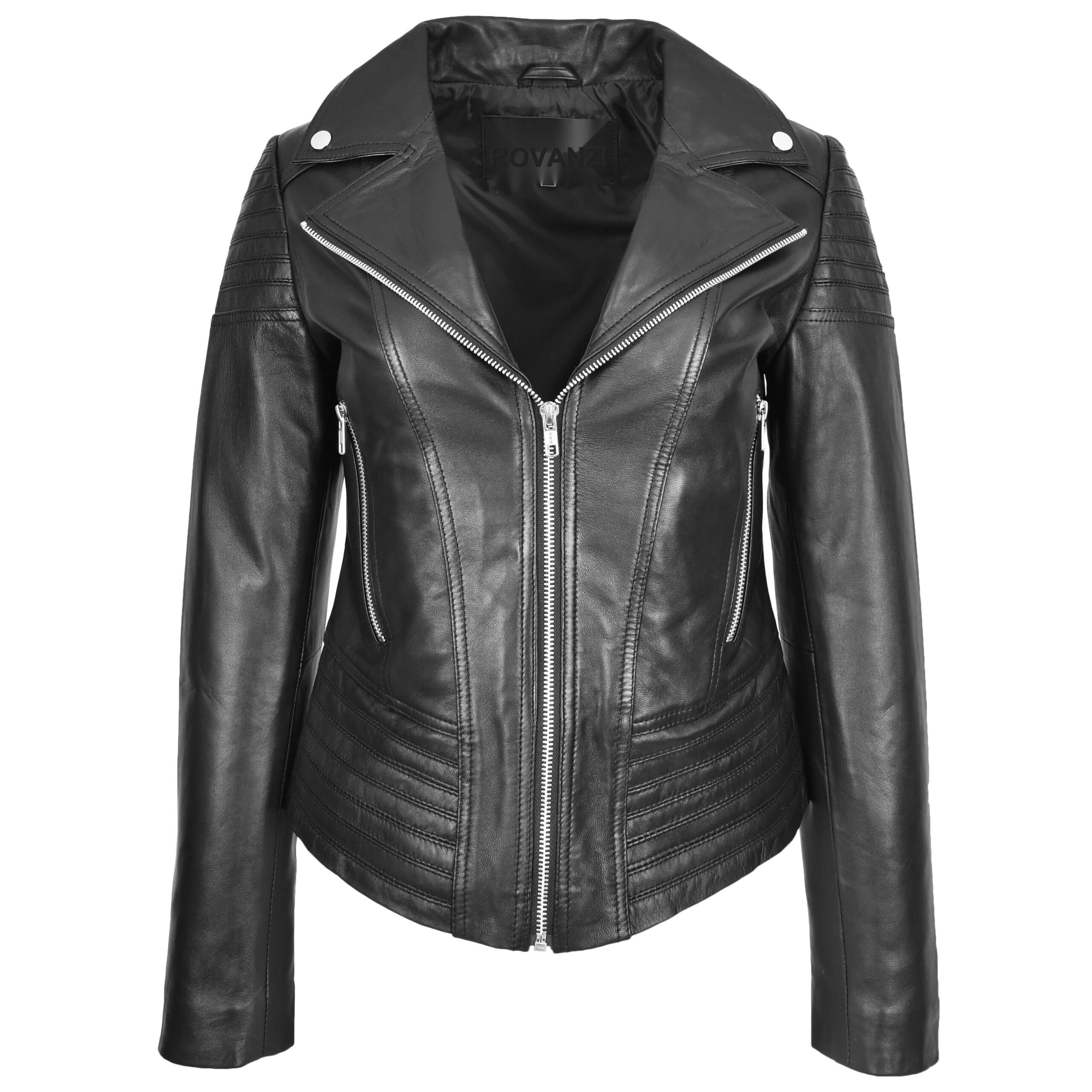 BUNERI Women's Real Leather Biker Jacket Trendy Fitted Casual Style Black