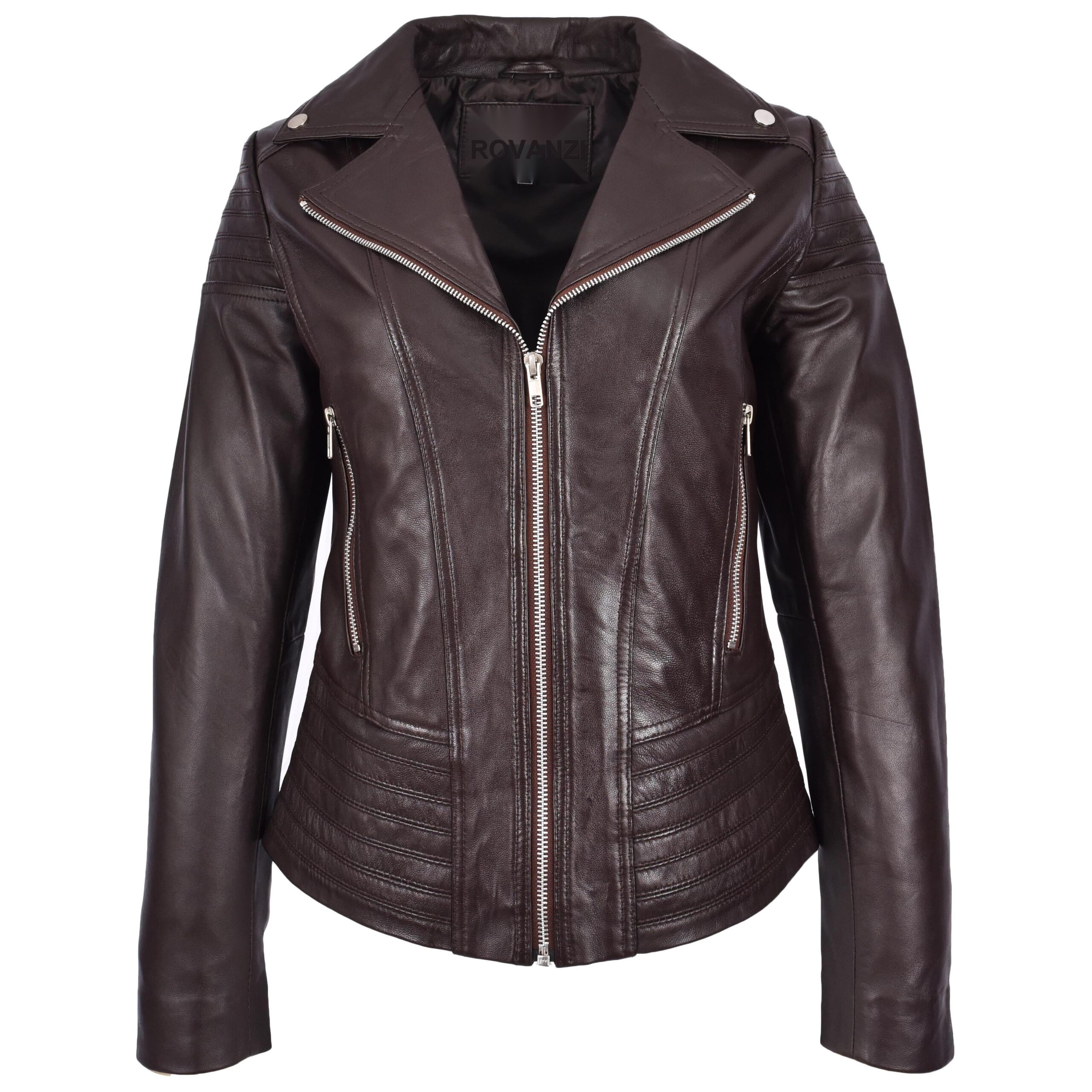 BUNERI Brown Real Leather Biker Jacket Trendy Fitted Casual Style