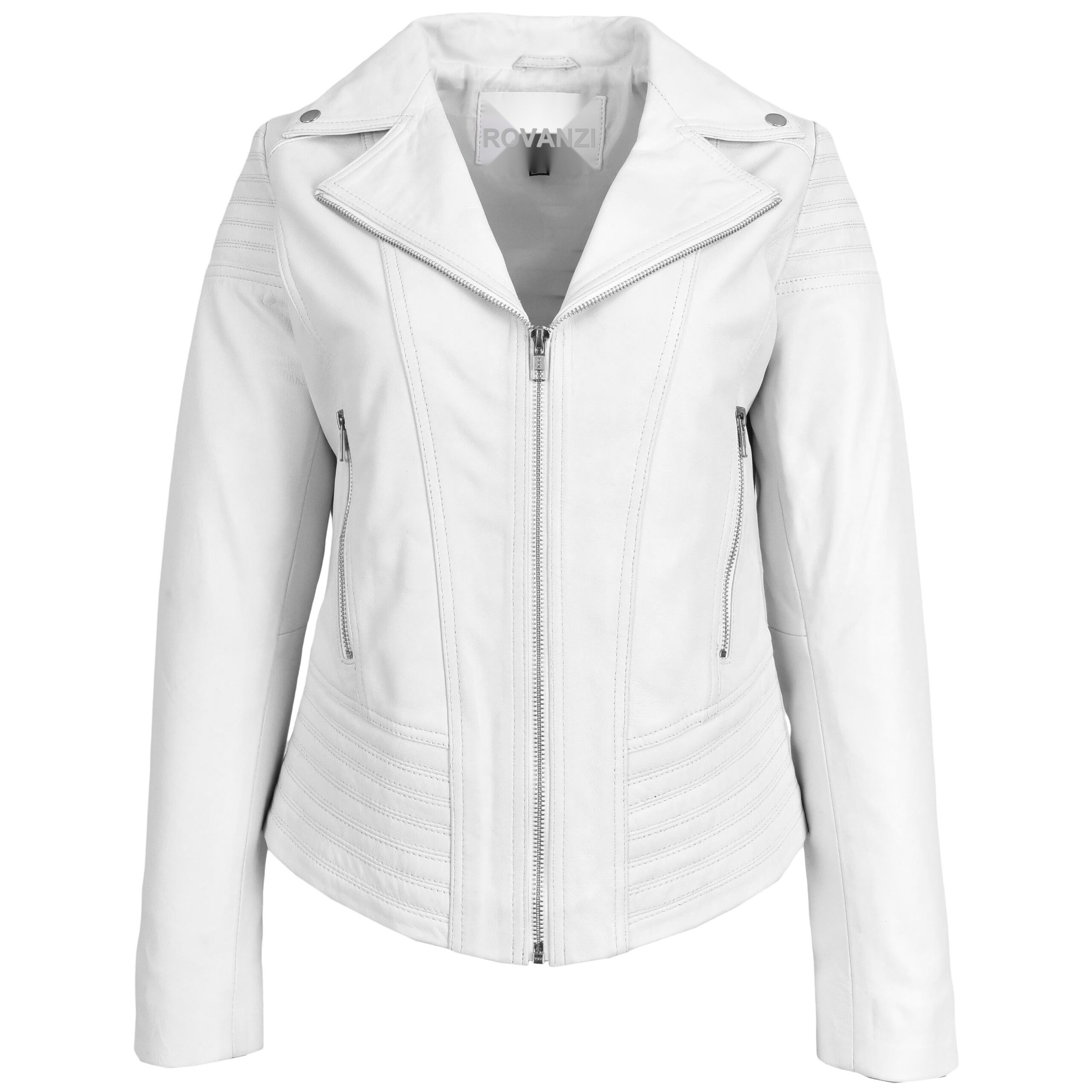 BUNERI Women's Real Leather Biker Jacket Trendy Fitted Casual White