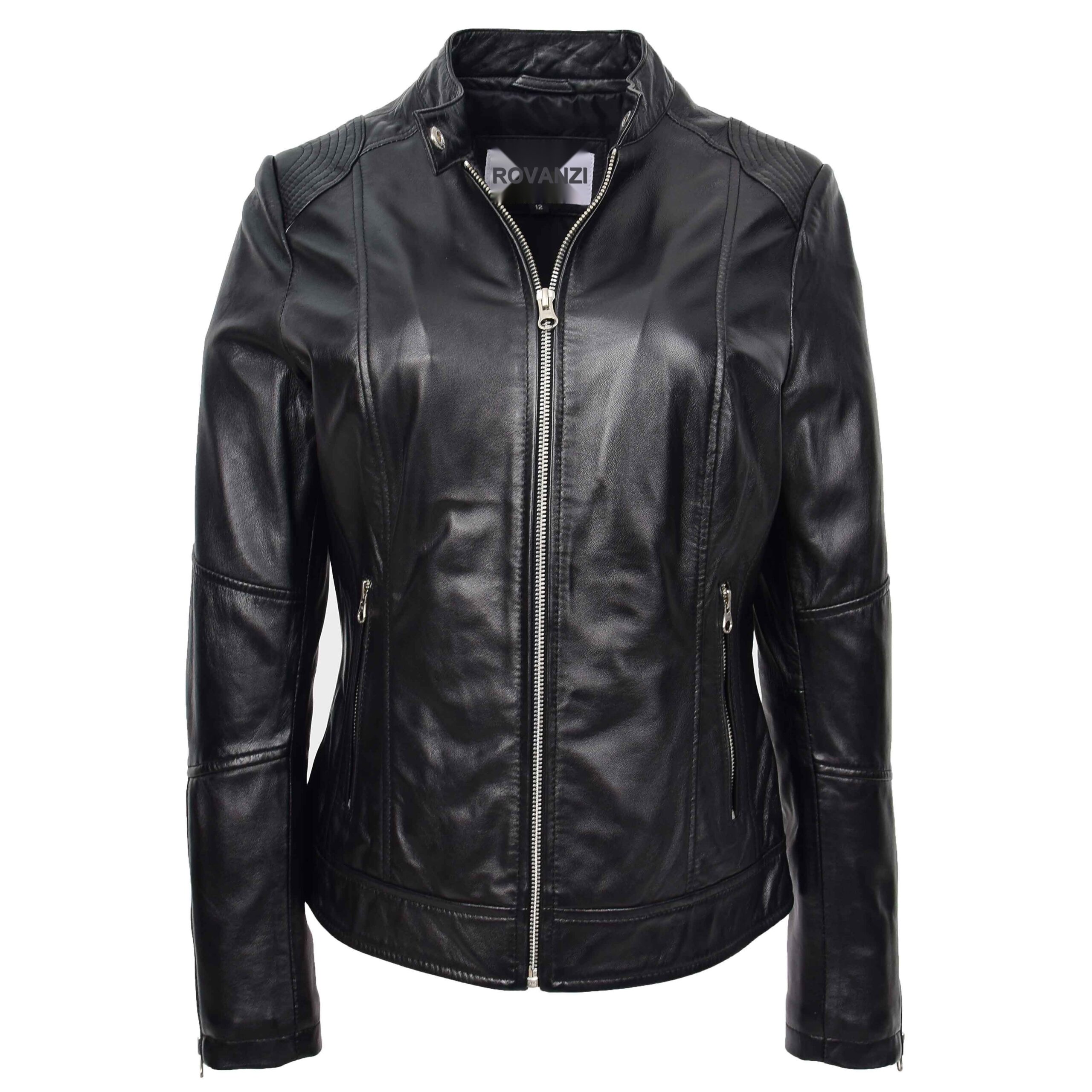 BUNERI Black Real Leather Biker Jacket Zip-Up Casual