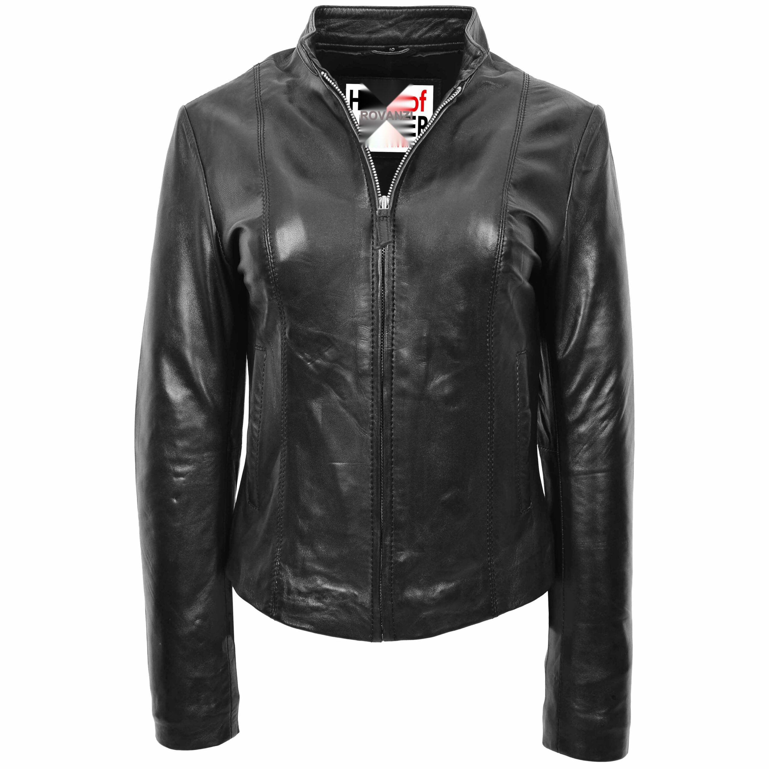 BUNERI Black Real Leather Casual Biker Jacket Women