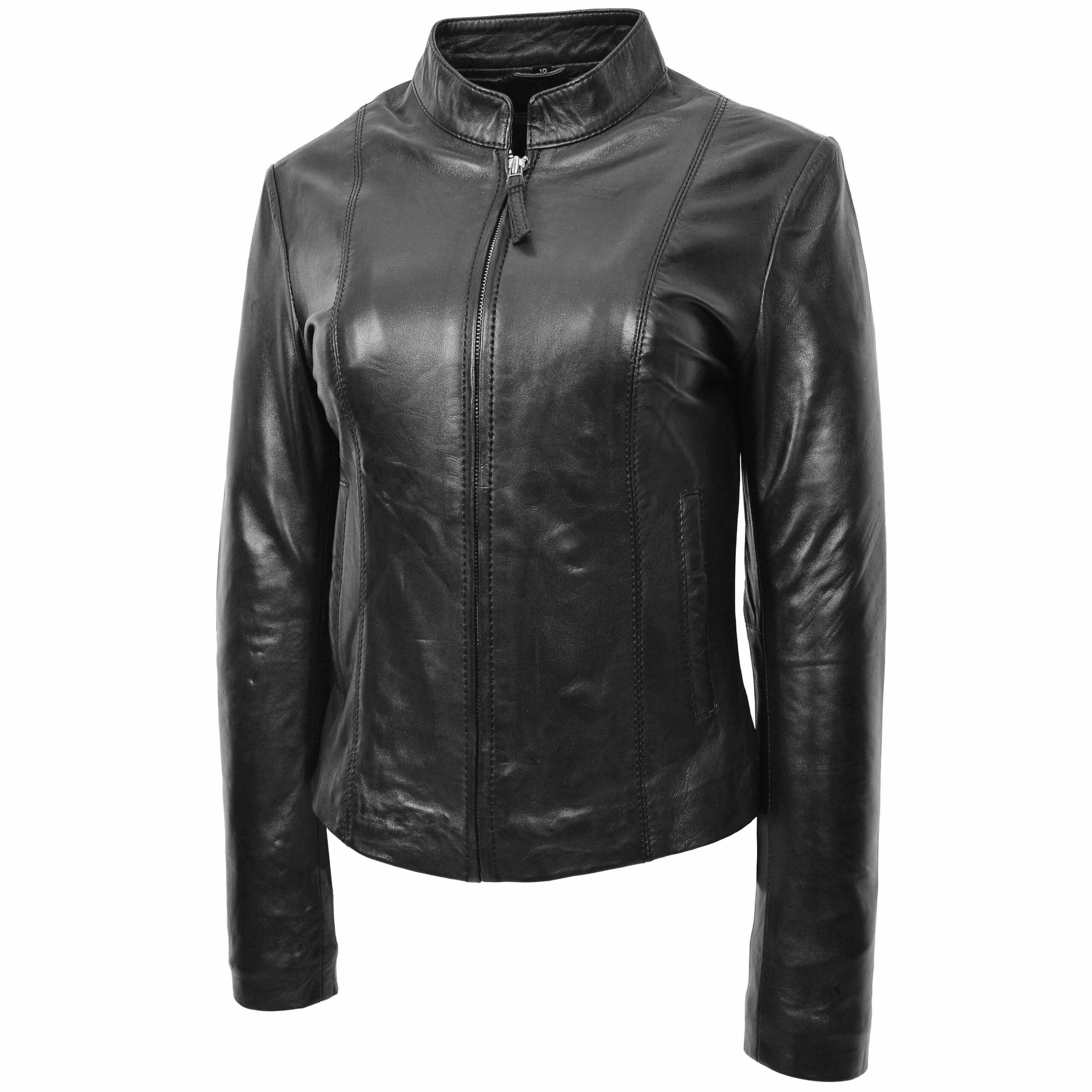 BUNERI Black Real Leather Casual Biker Jacket Women – 4