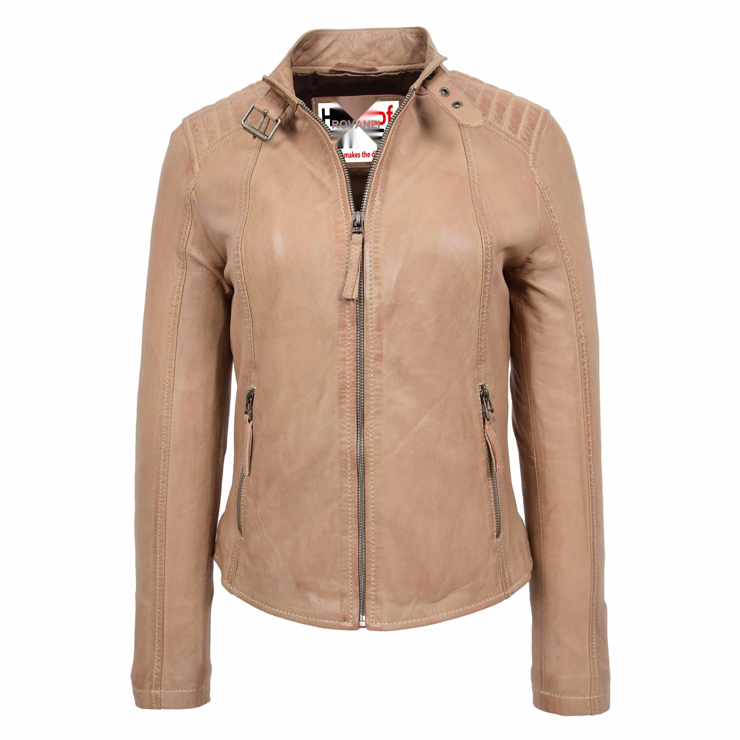 BUNERI Women's Real Leather Classic Biker Jacket Beige