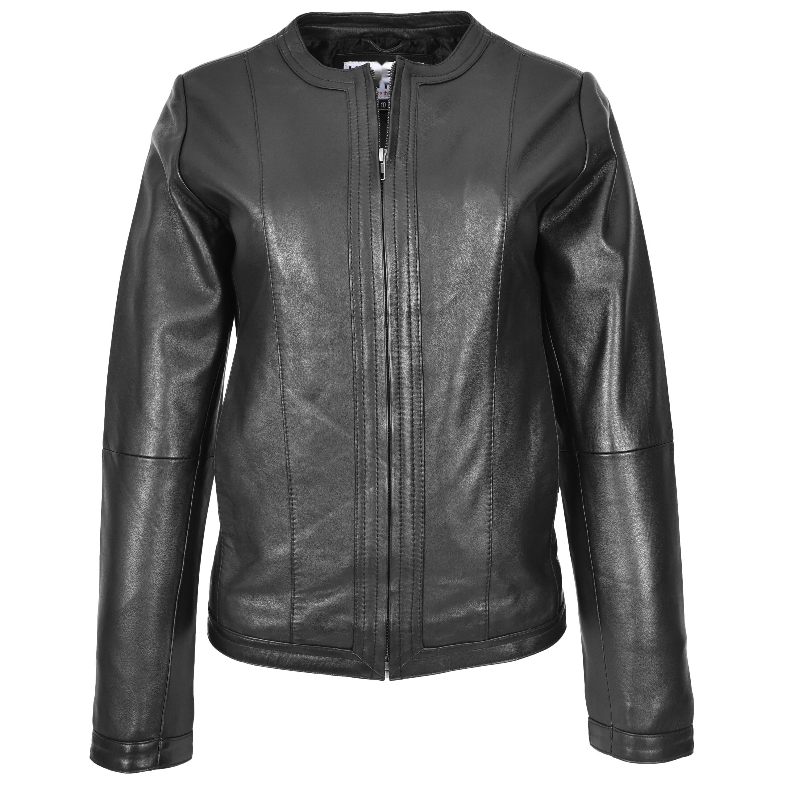 BUNERI Women's Leather Collarless Fashion Jacket Slim Fit Black