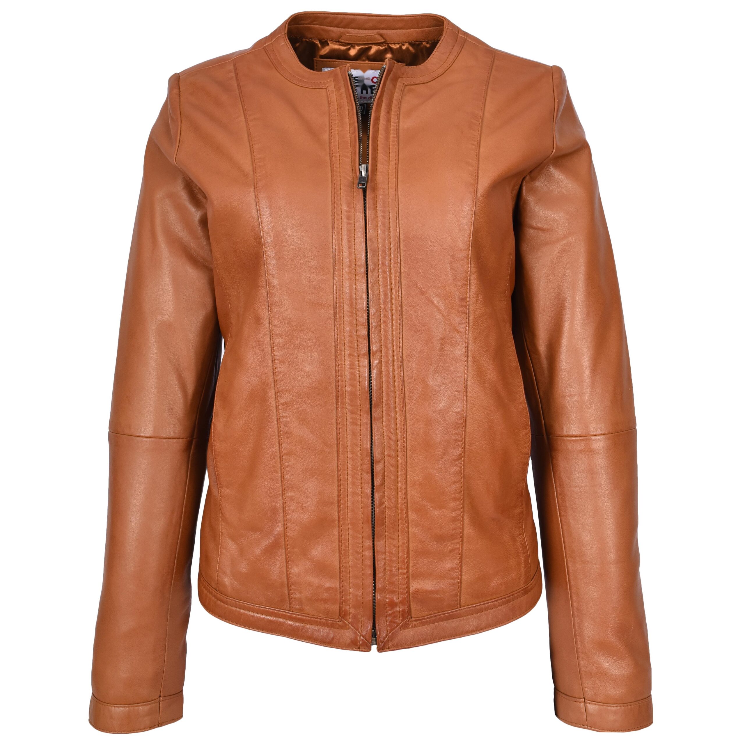 BUNERI Women's Tan Leather Jacket Slim Fit Collarless