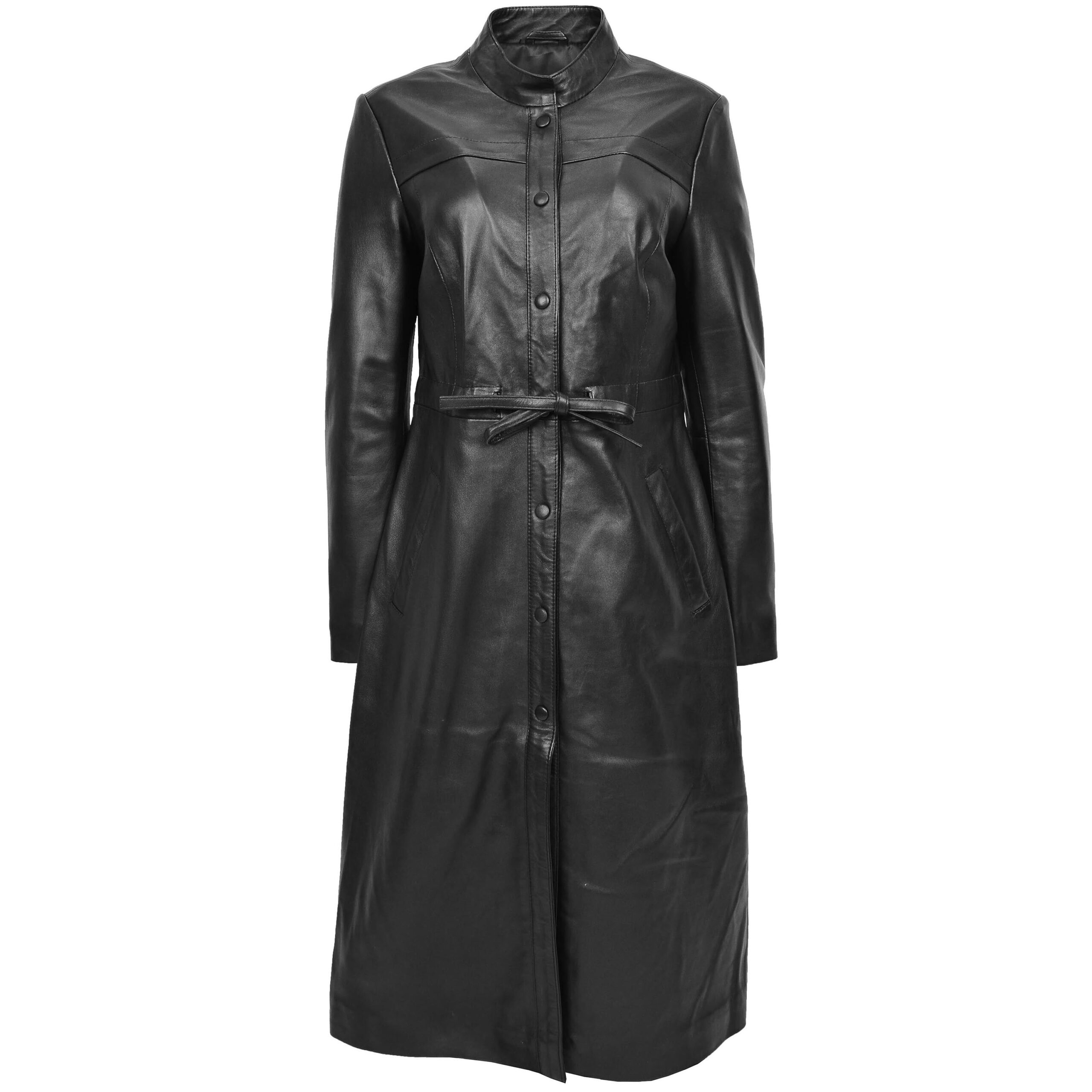 BUNERI Women's Full-Length Long Black Leather Coat