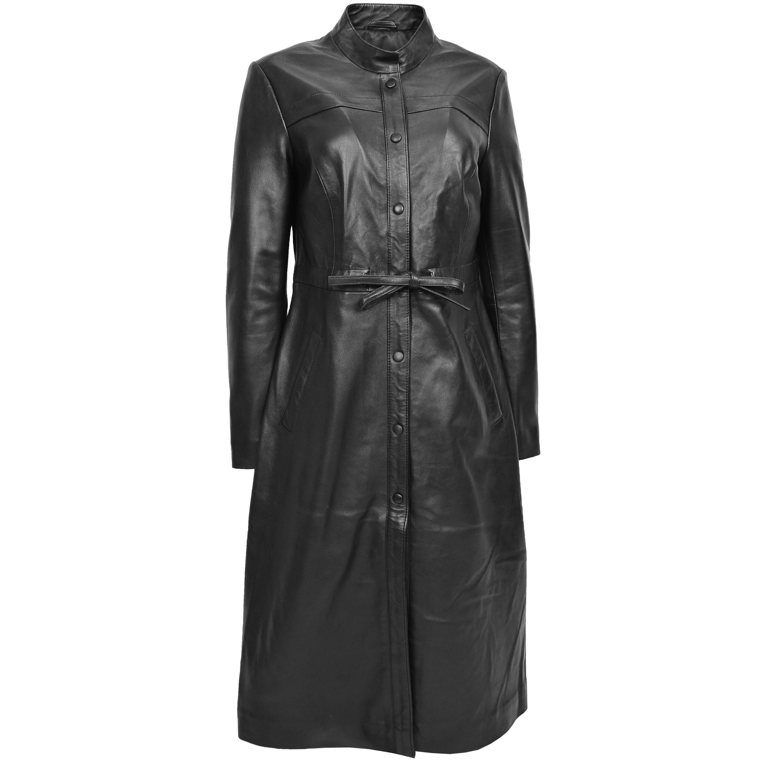 BUNERI Women's Full-Length Long Black Leather Coat – 3