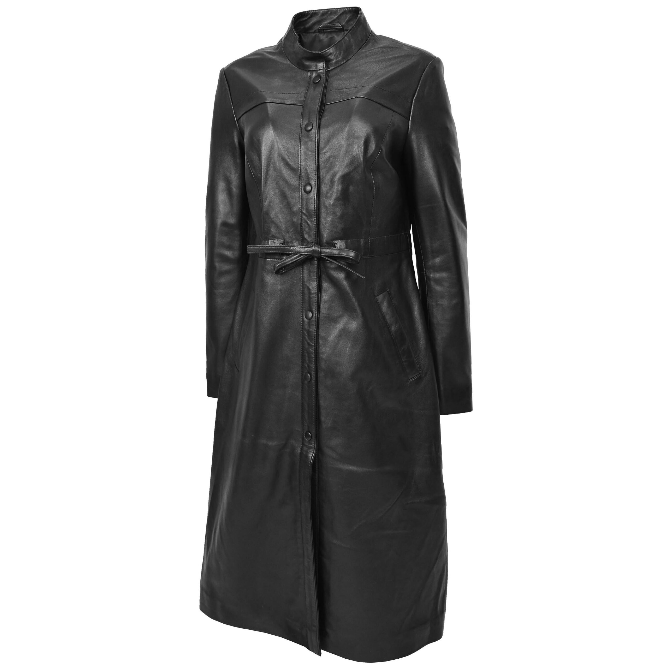 BUNERI Women's Full-Length Long Black Leather Coat – 4