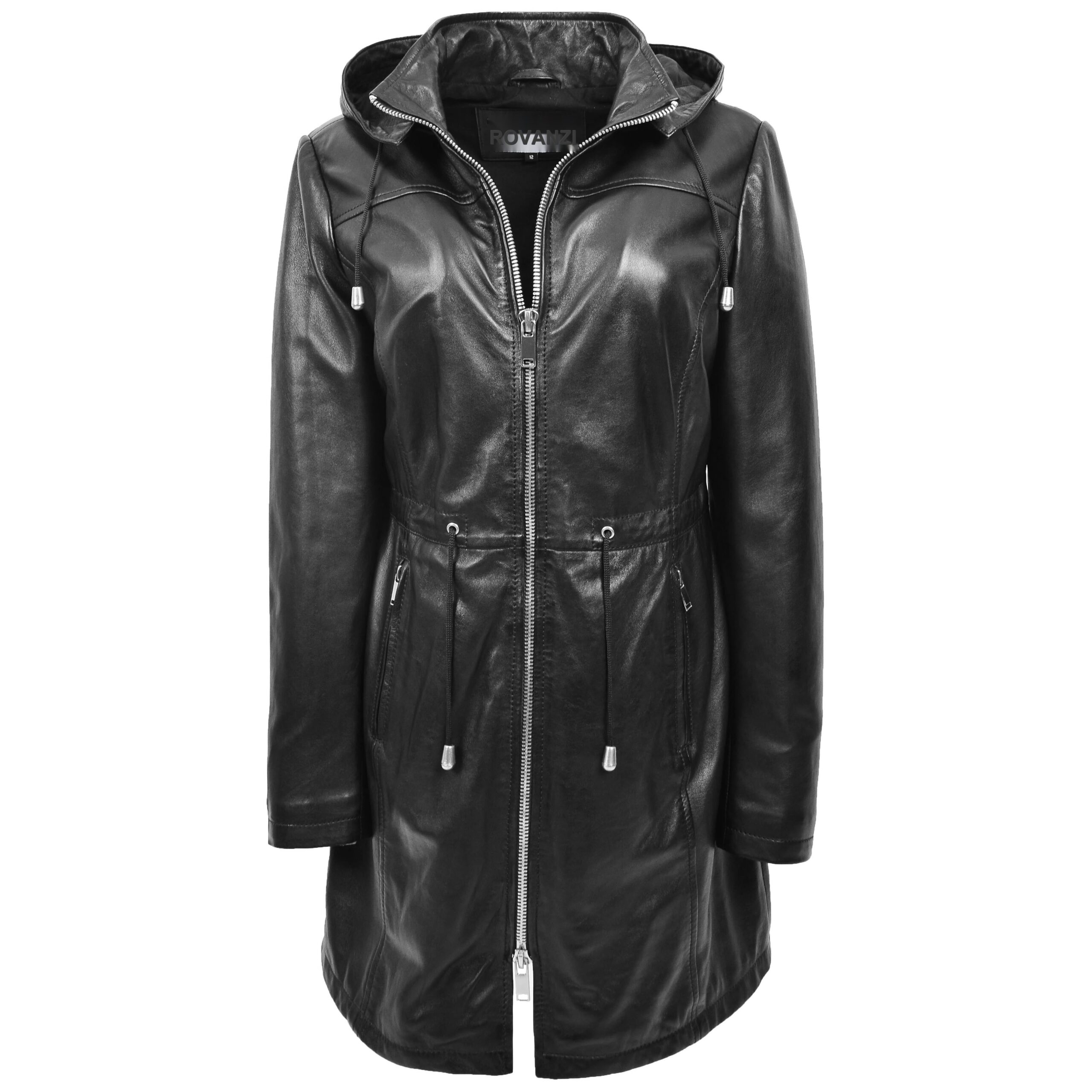BUNERI Black Women's Real Leather Hooded Parka Coat