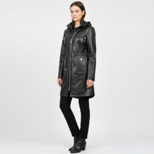BUNERI Women’s Black Real Leather Hooded Parka Coat