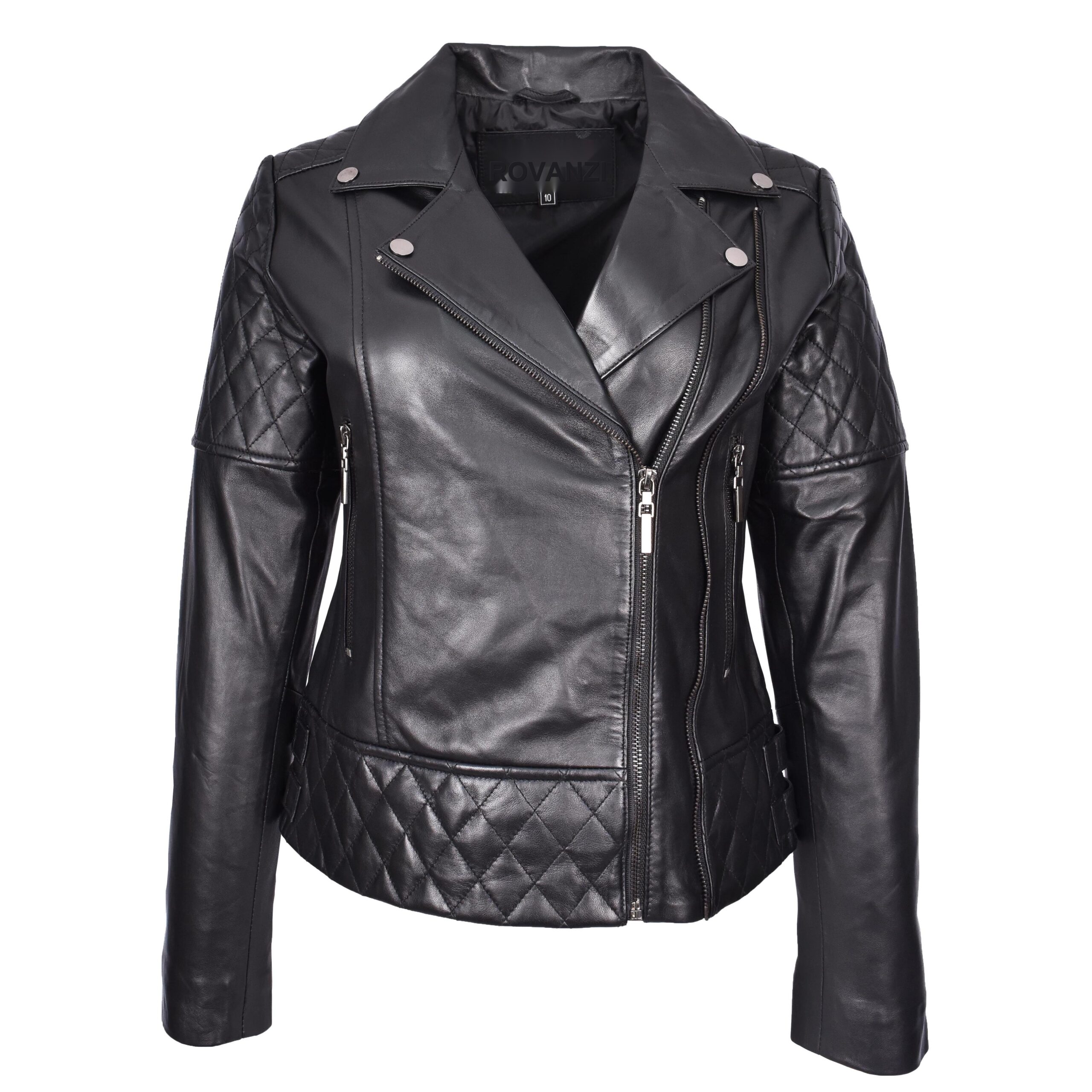 BUNERI Women's Real Leather Jacket Multi Cross-Zip Biker Fitted Quilted Black