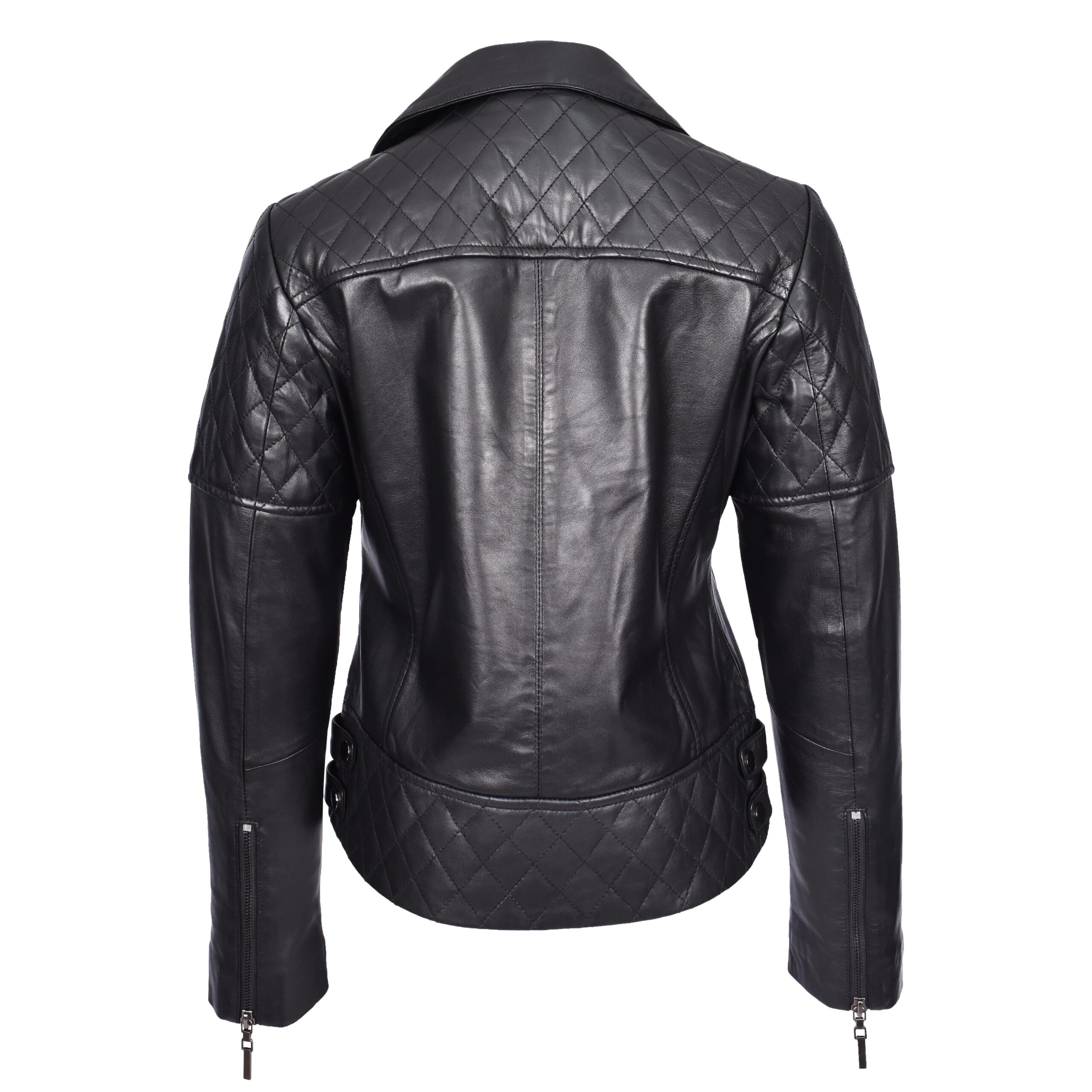 BUNERI Women's Real Leather Jacket Multi Cross-Zip Biker Fitted Quilted Black – 2