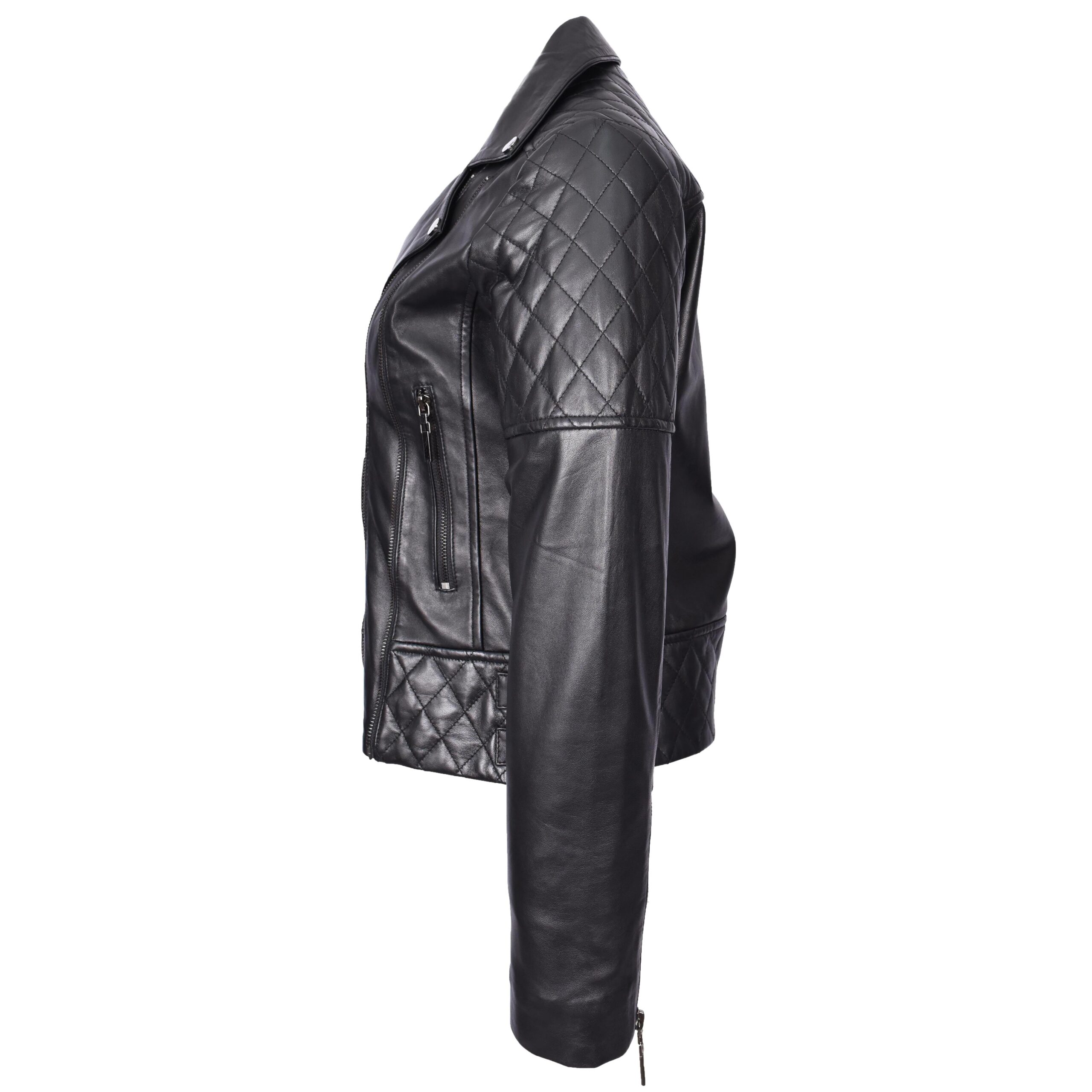 BUNERI Women's Real Leather Jacket Multi Cross-Zip Biker Fitted Quilted Black – 3