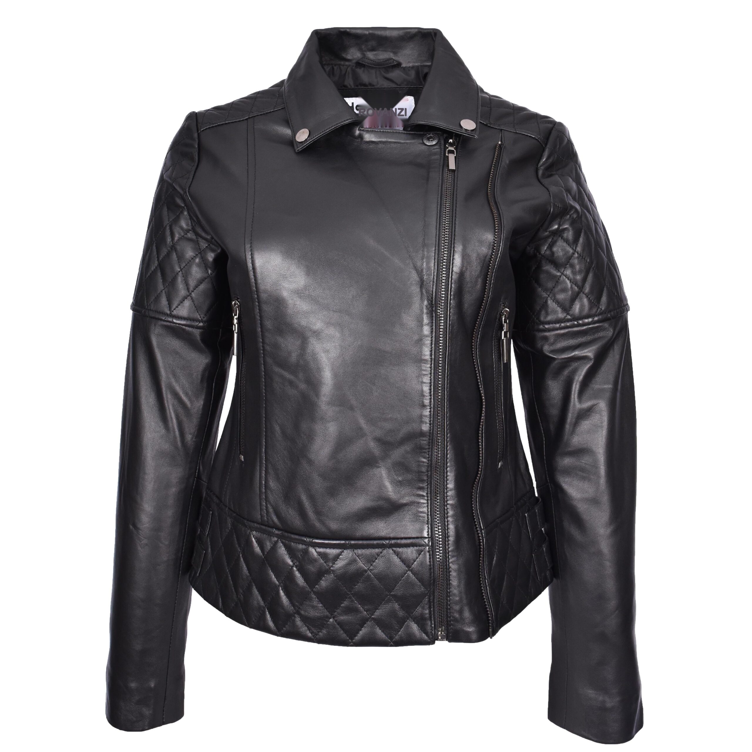 BUNERI Women's Real Leather Jacket Multi Cross-Zip Biker Fitted Quilted Black – 4
