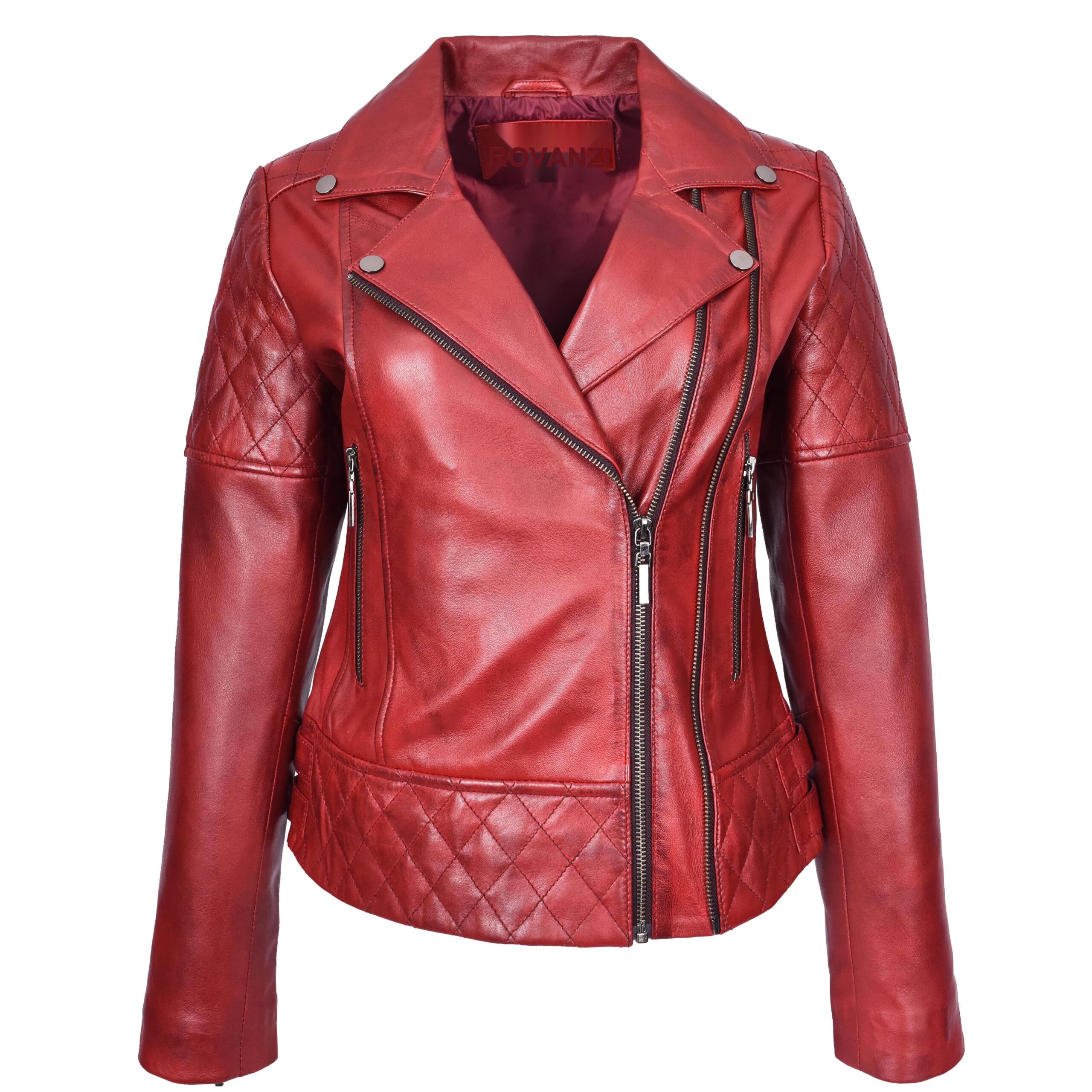 BUNERI Women's Burnish Red Leather Quilted Cross-Zip Biker Jacket