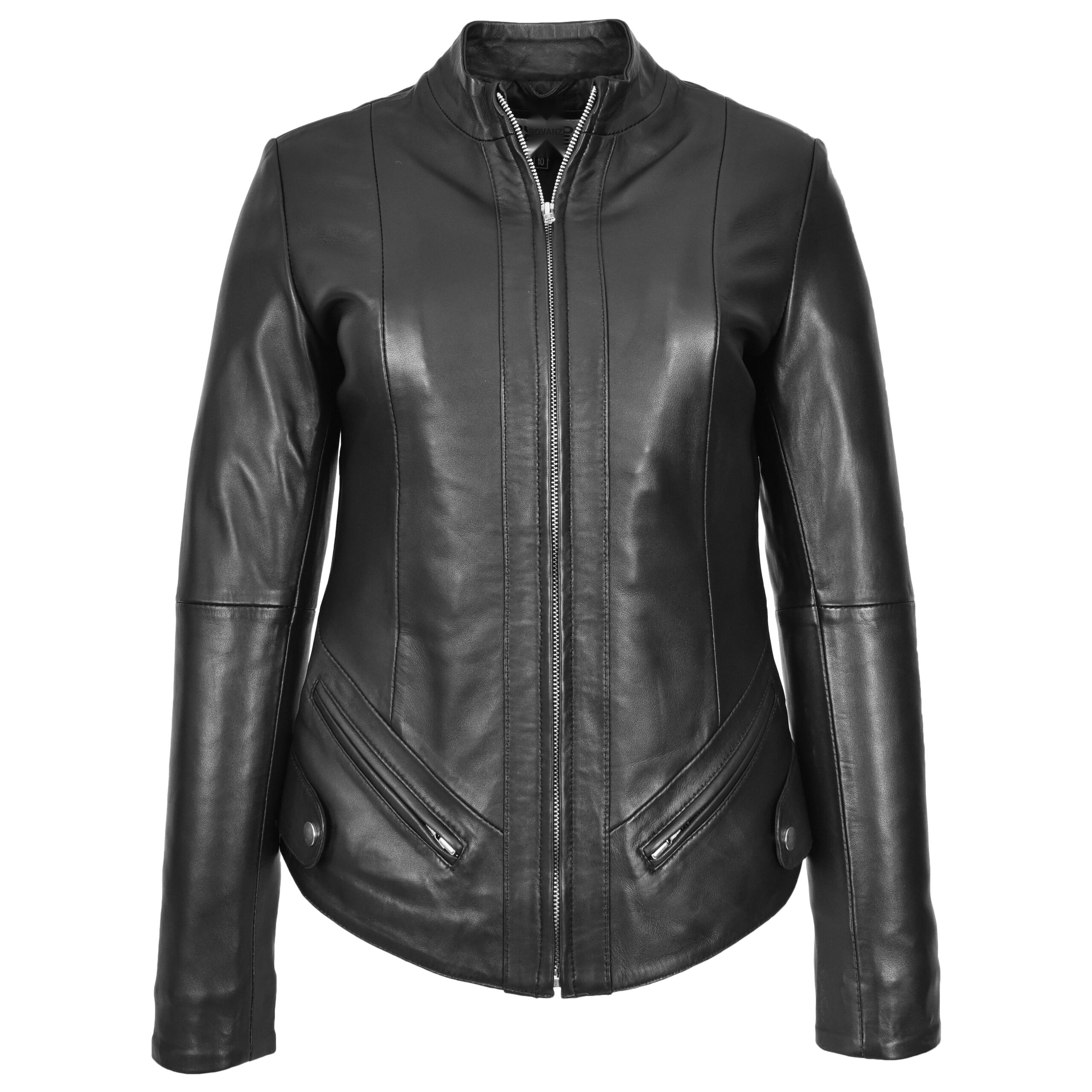 BUNERI Women's Real Leather Slim Fit Biker Standing Collar Style Jacket Black