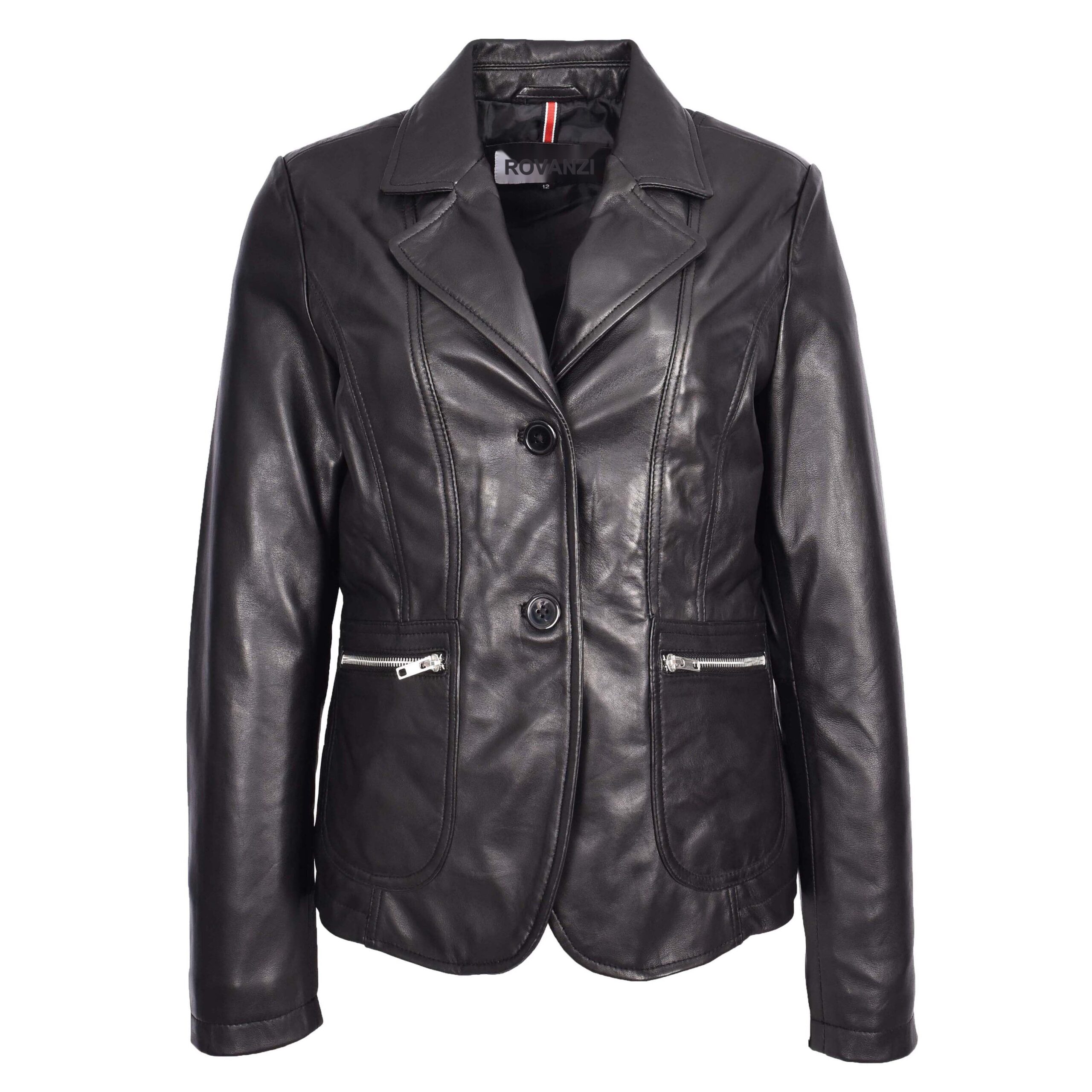 BUNERI Women's Black Leather Blazer Two-Button