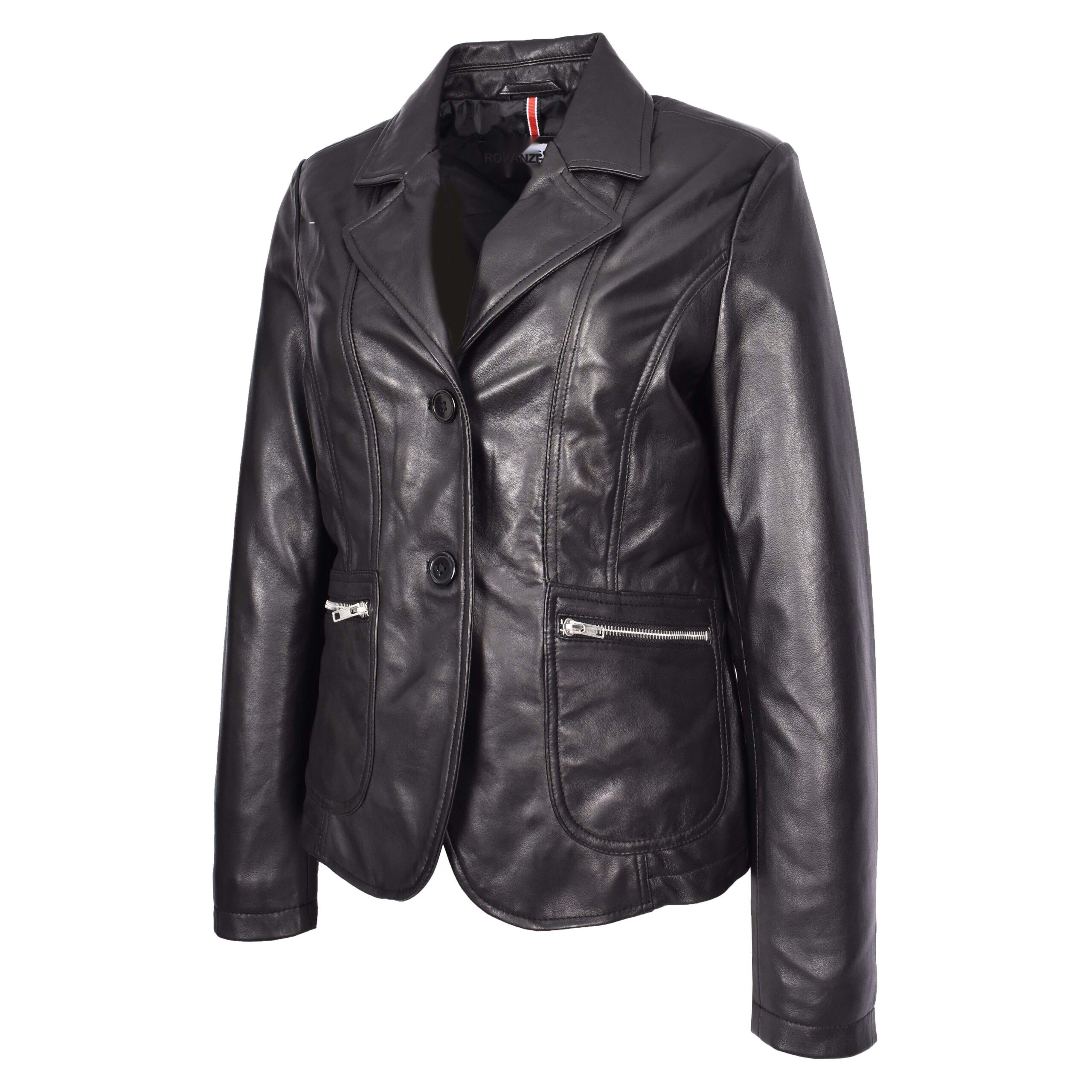 BUNERI Women's Black Leather Blazer Two-Button – 5