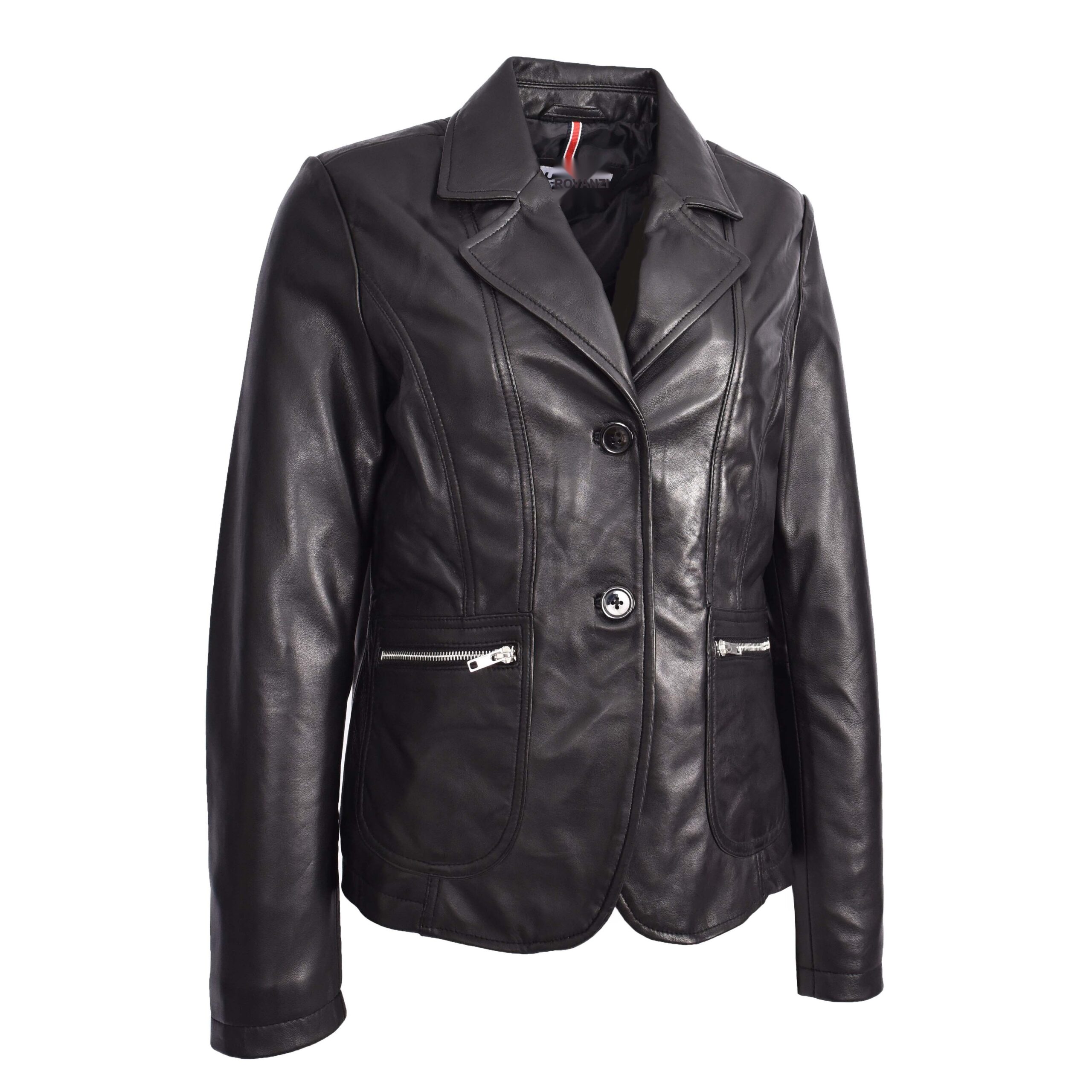 BUNERI Women's Black Leather Blazer Two-Button – 4
