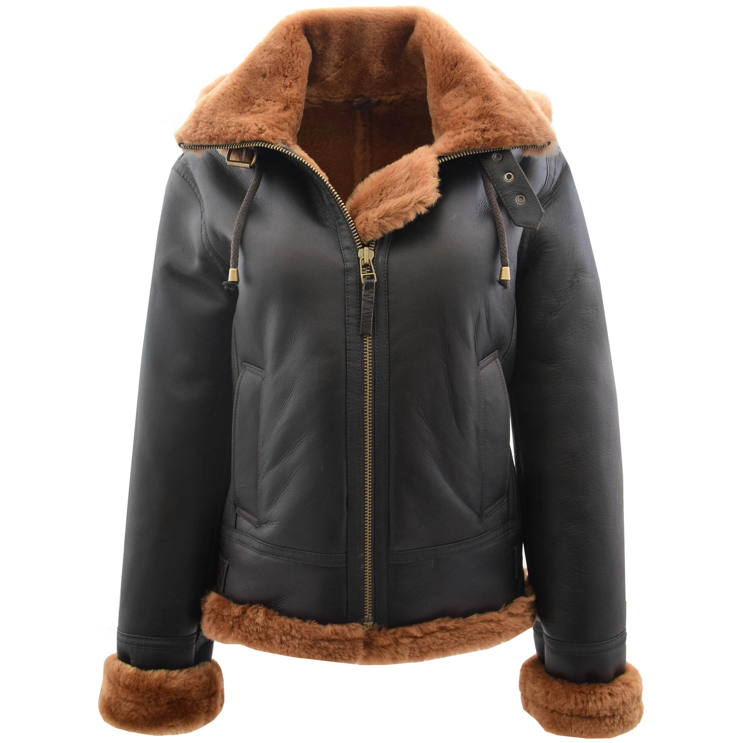 BUNERI Women's Sheepskin B3 Jacket with Detachable Hood Brown