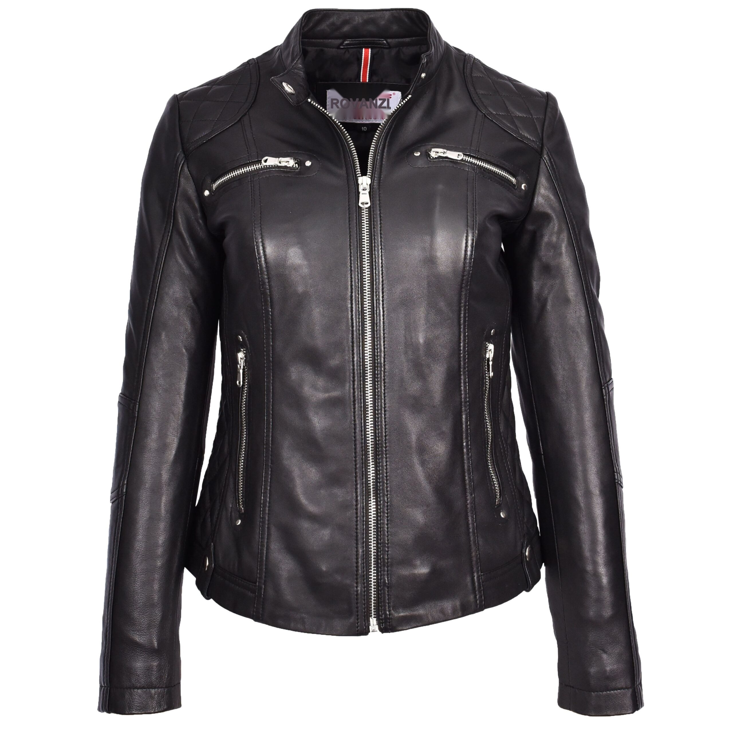 BUNERI Black Soft Leather Quilted Cafe Racer Biker Jacket