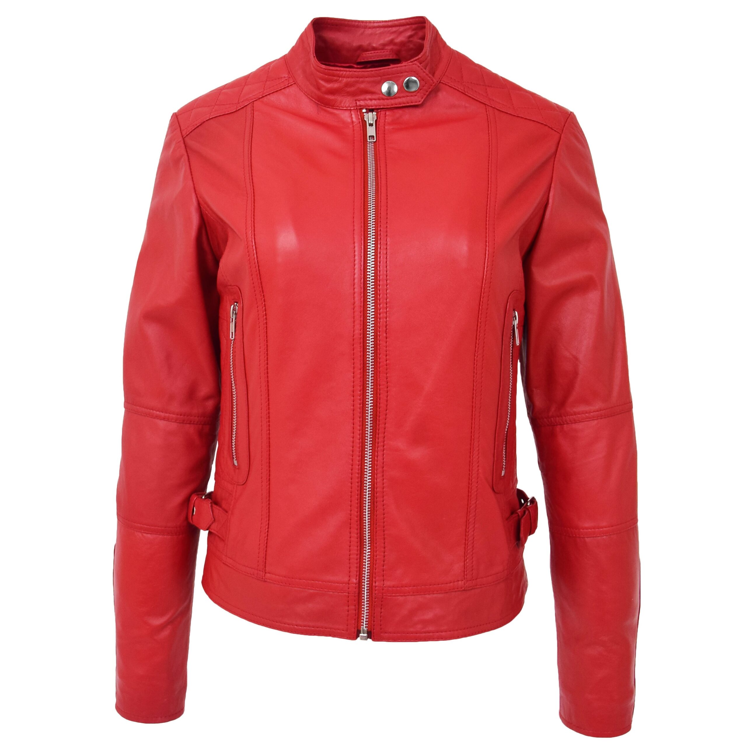 BUNERI Red Soft Leather Casual Zip Biker Jacket Women