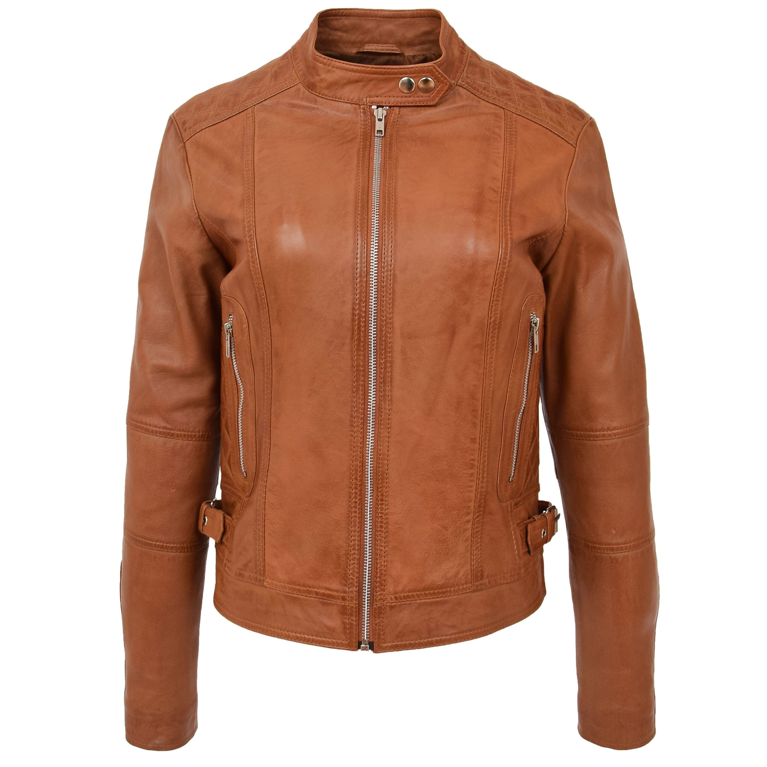 BUNERI Tan Soft Leather Casual Zip Biker Jacket