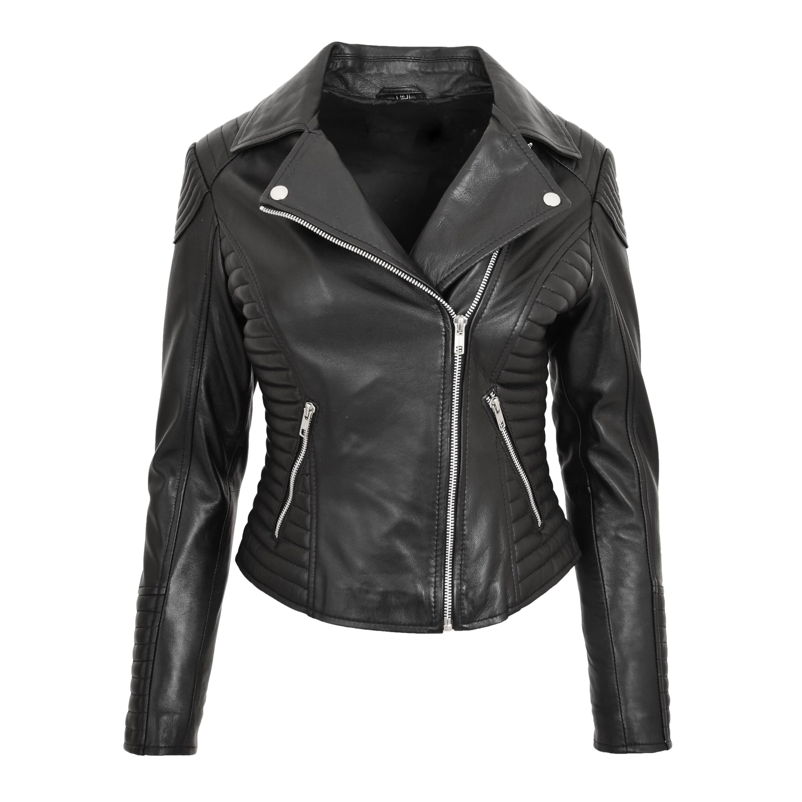 BUNERI Black Soft Leather Cross Zip Biker Jacket Women