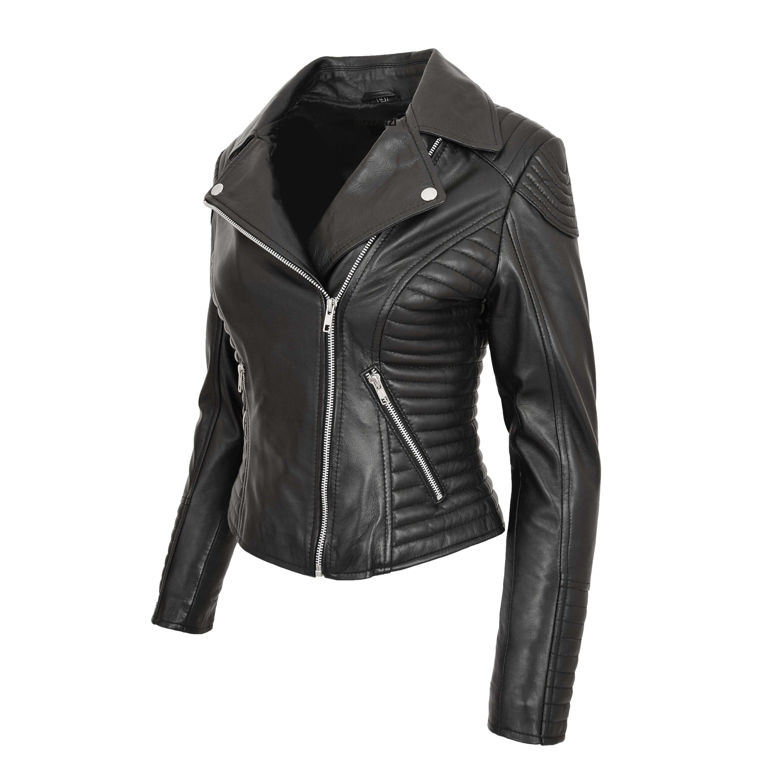 BUNERI Black Soft Leather Cross Zip Biker Jacket Women – 4