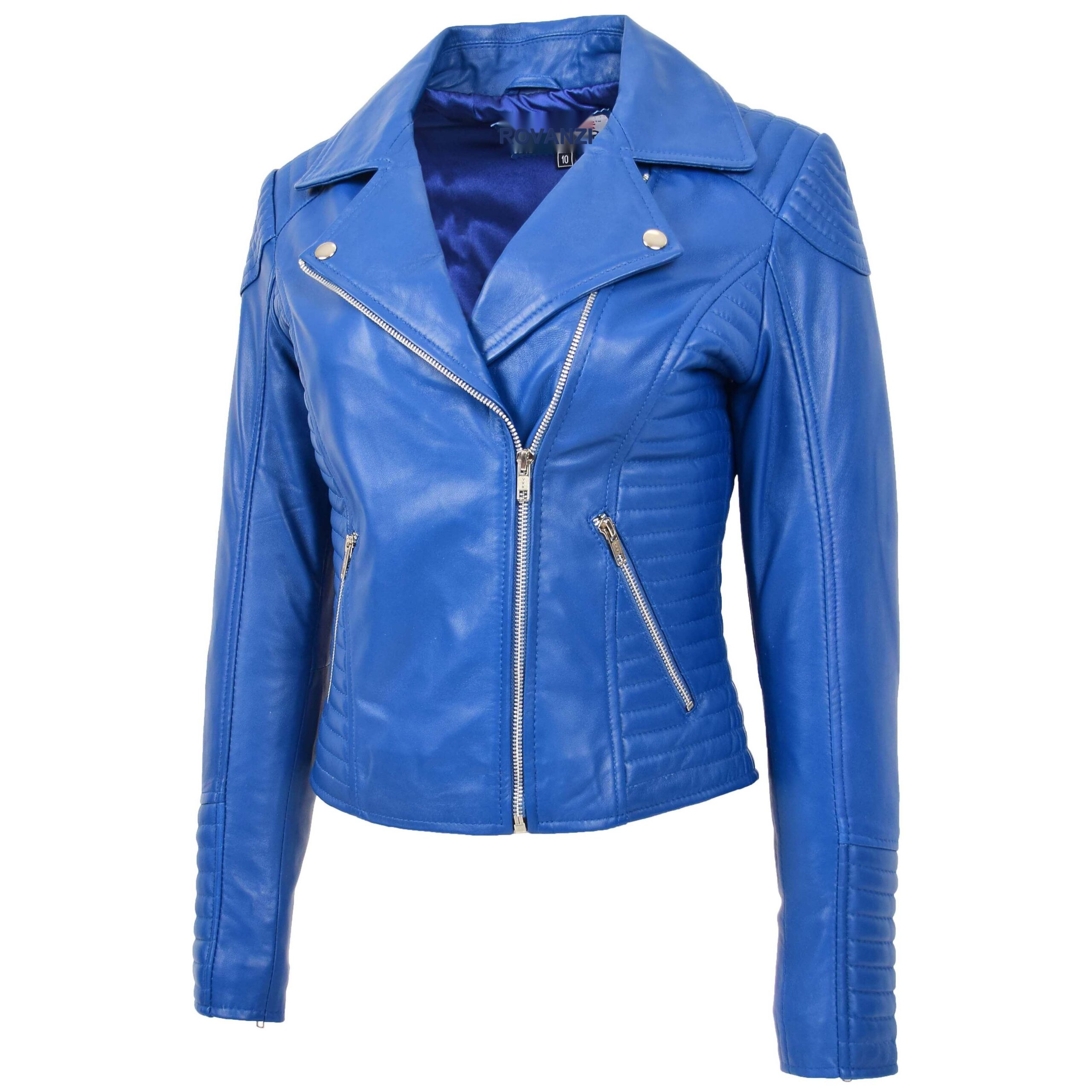 BUNERI Blue Soft Leather Cross Zip Biker Jacket – 3