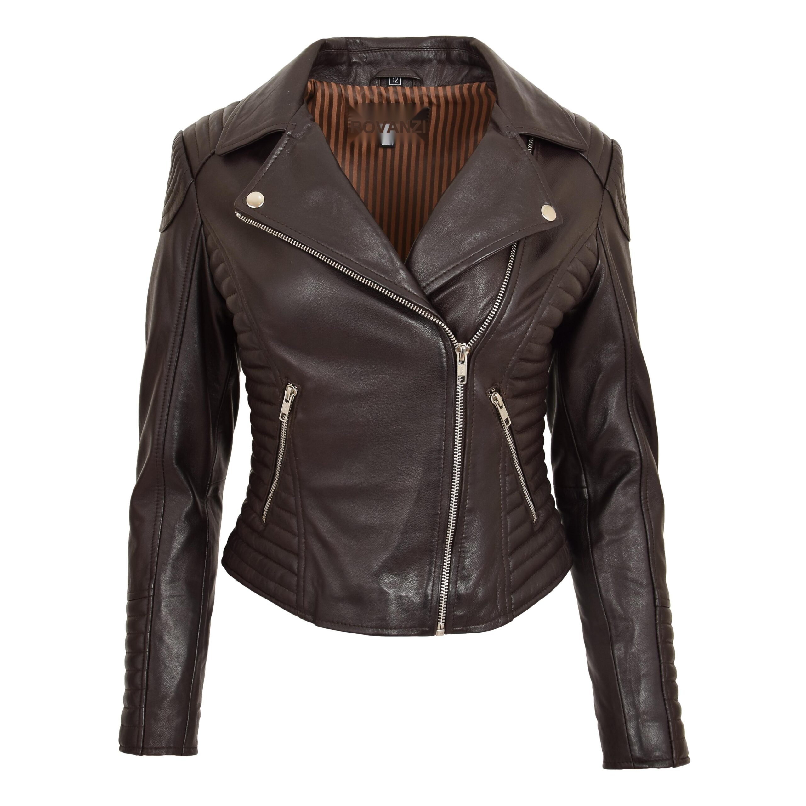 BUNERI Women's Soft Leather Cross-Zip Biker Jacket Brown