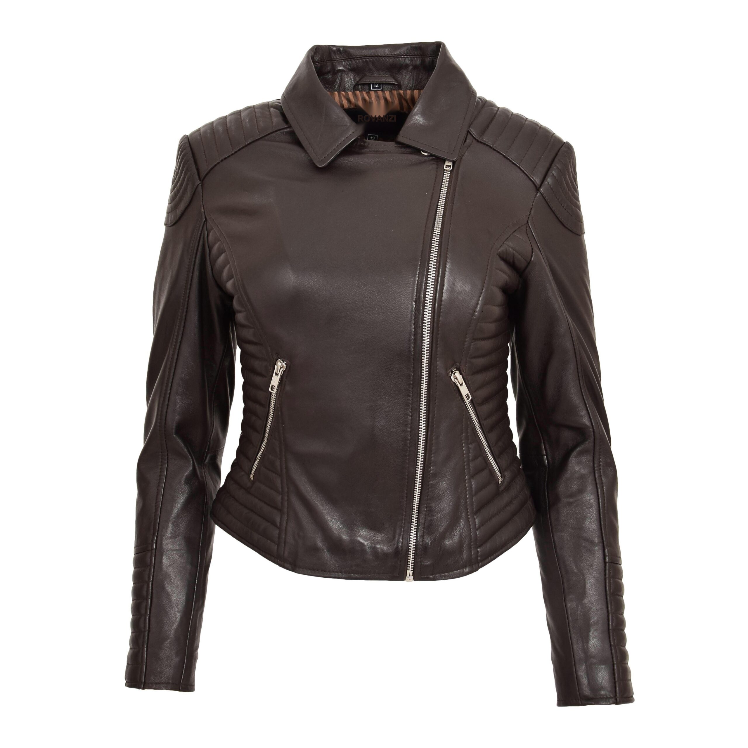 BUNERI Women's Soft Leather Cross-Zip Biker Jacket Brown – 3