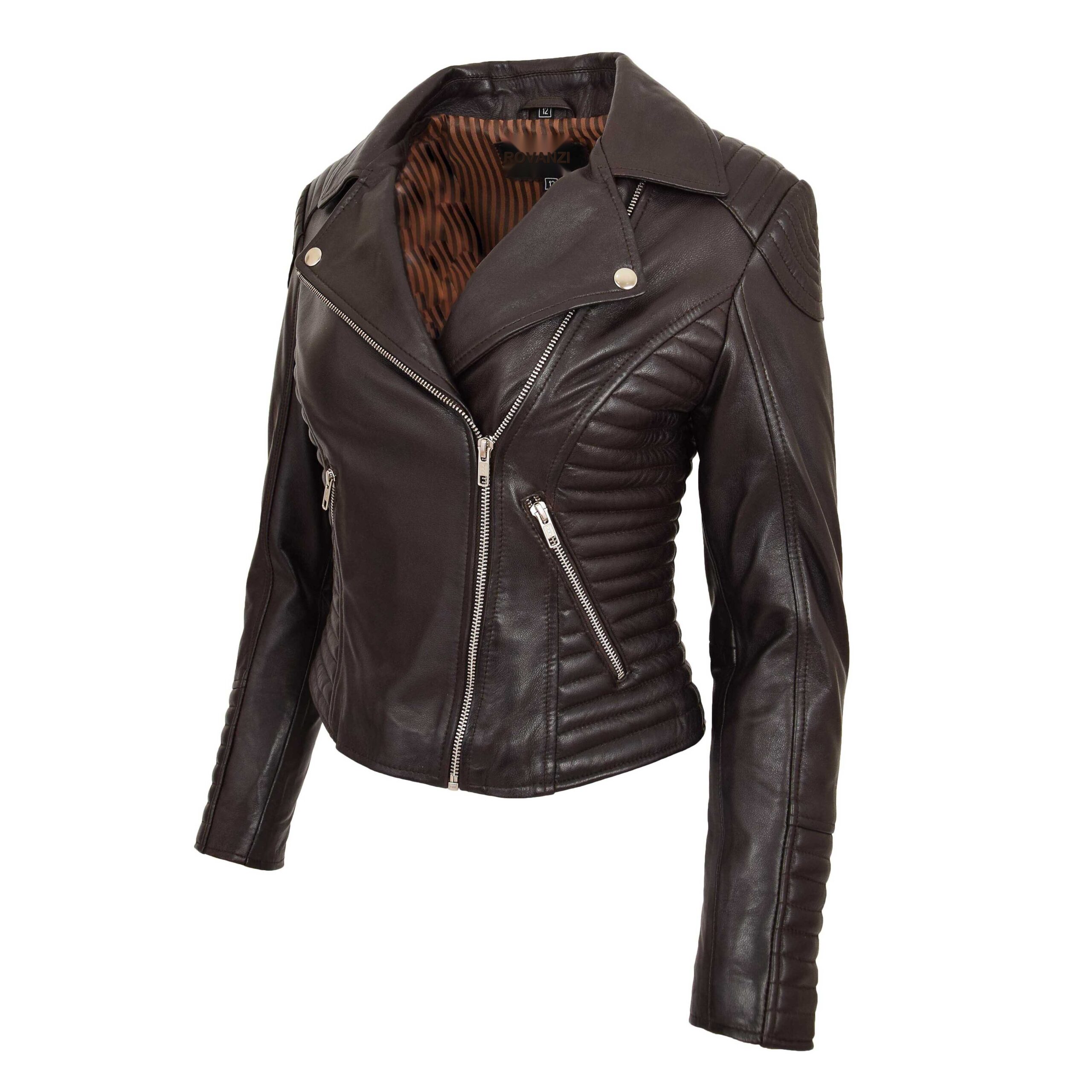 BUNERI Women's Soft Leather Cross-Zip Biker Jacket Brown – 4