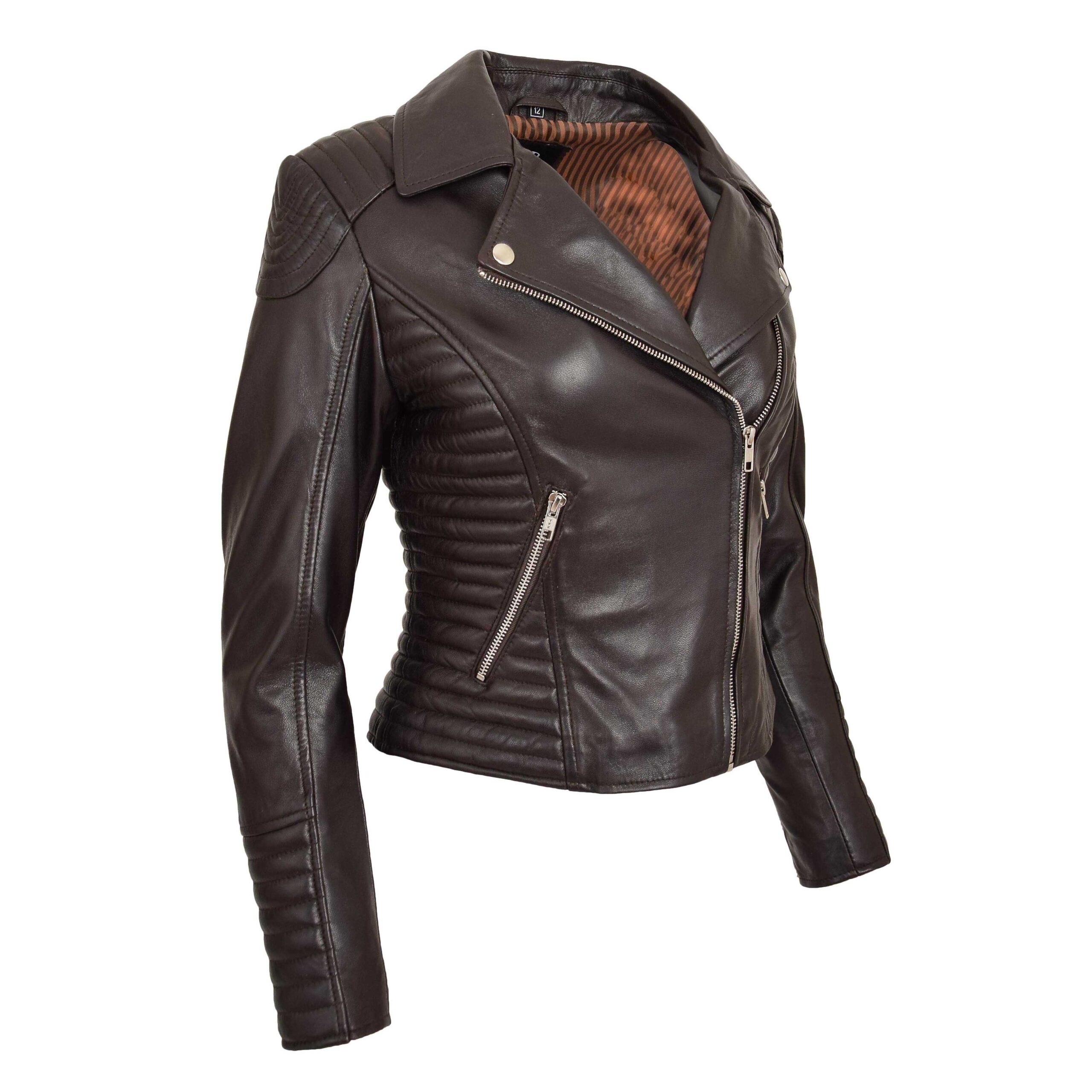 BUNERI Women's Soft Leather Cross-Zip Biker Jacket Brown – 5