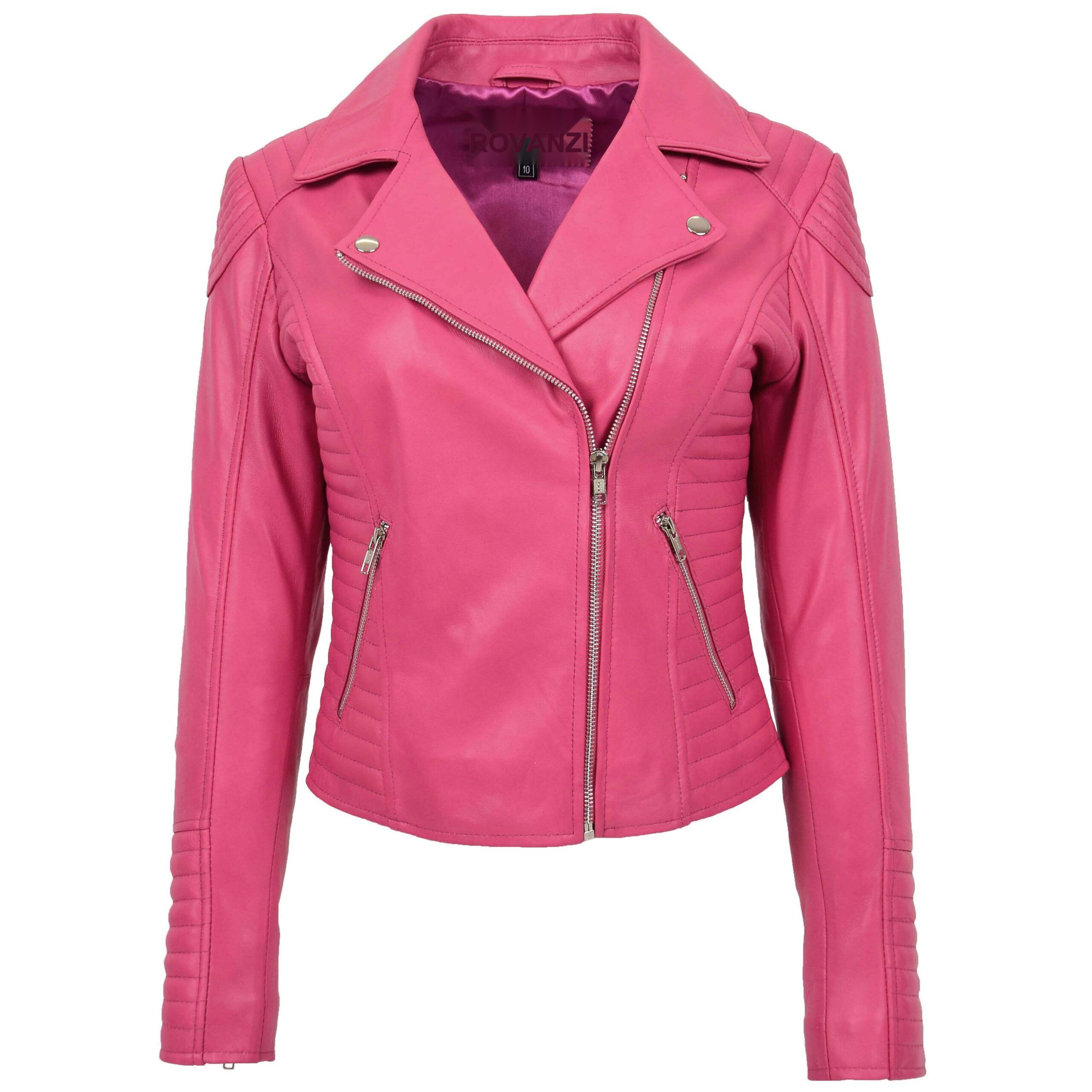 BUNERI Pink Soft Leather Cross Zip Biker Jacket Women