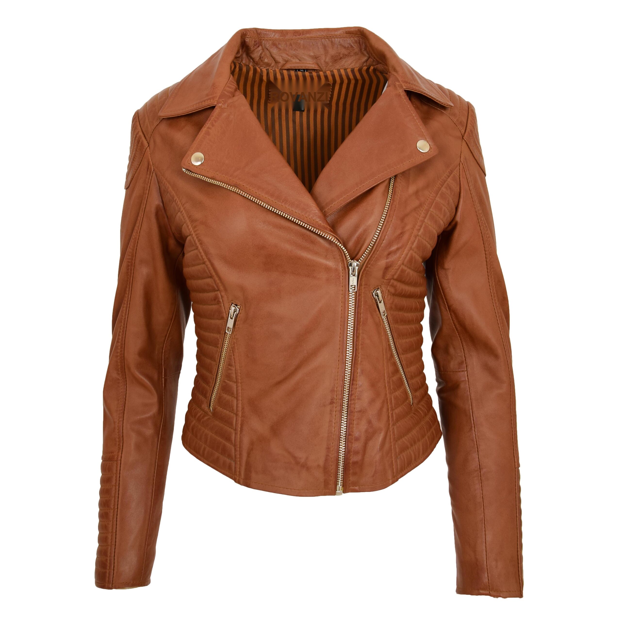 BUNERI Women's Soft Leather Cross Zip Biker Jacket Tan