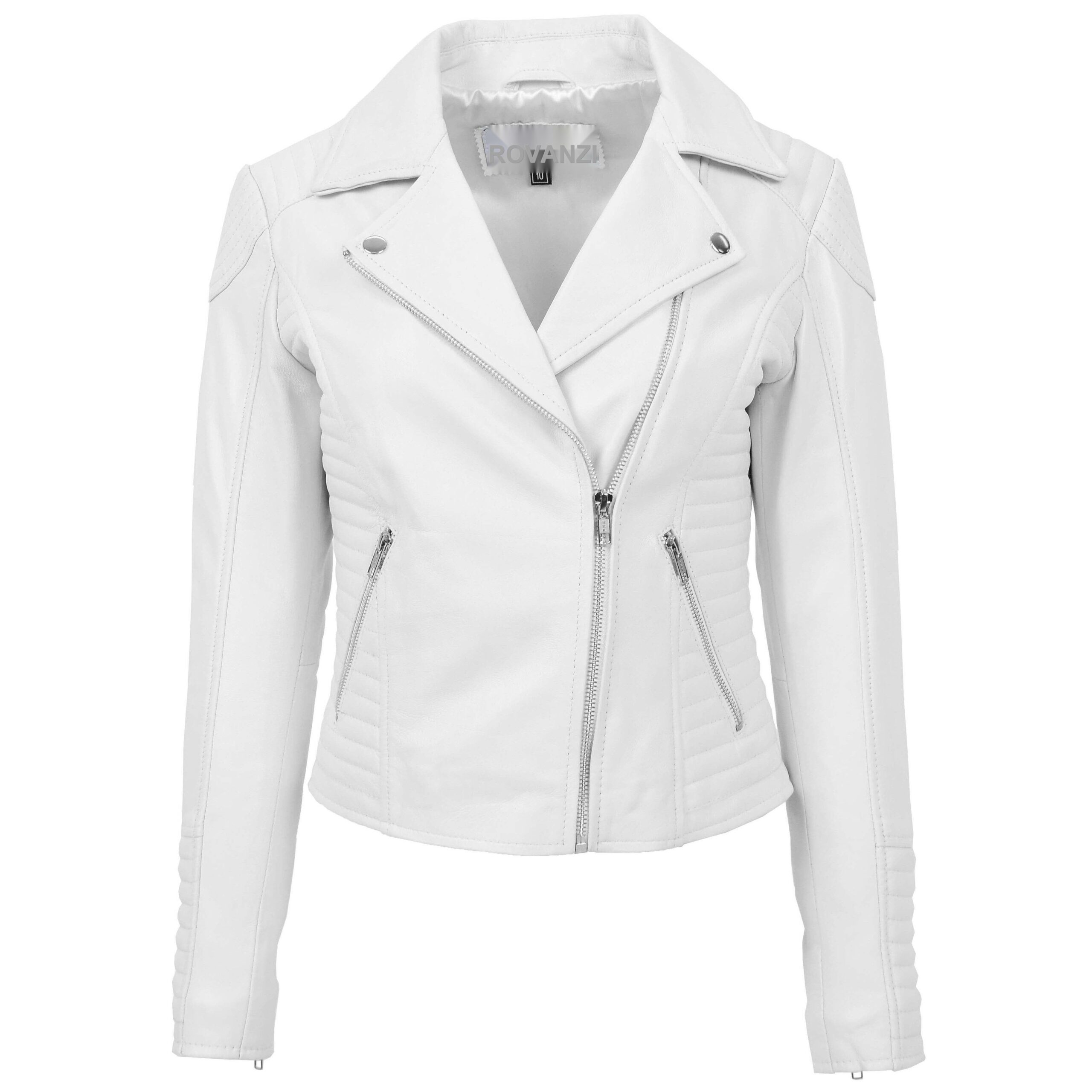 BUNERI Women's White Soft Leather Cross-Zip Biker Jacket