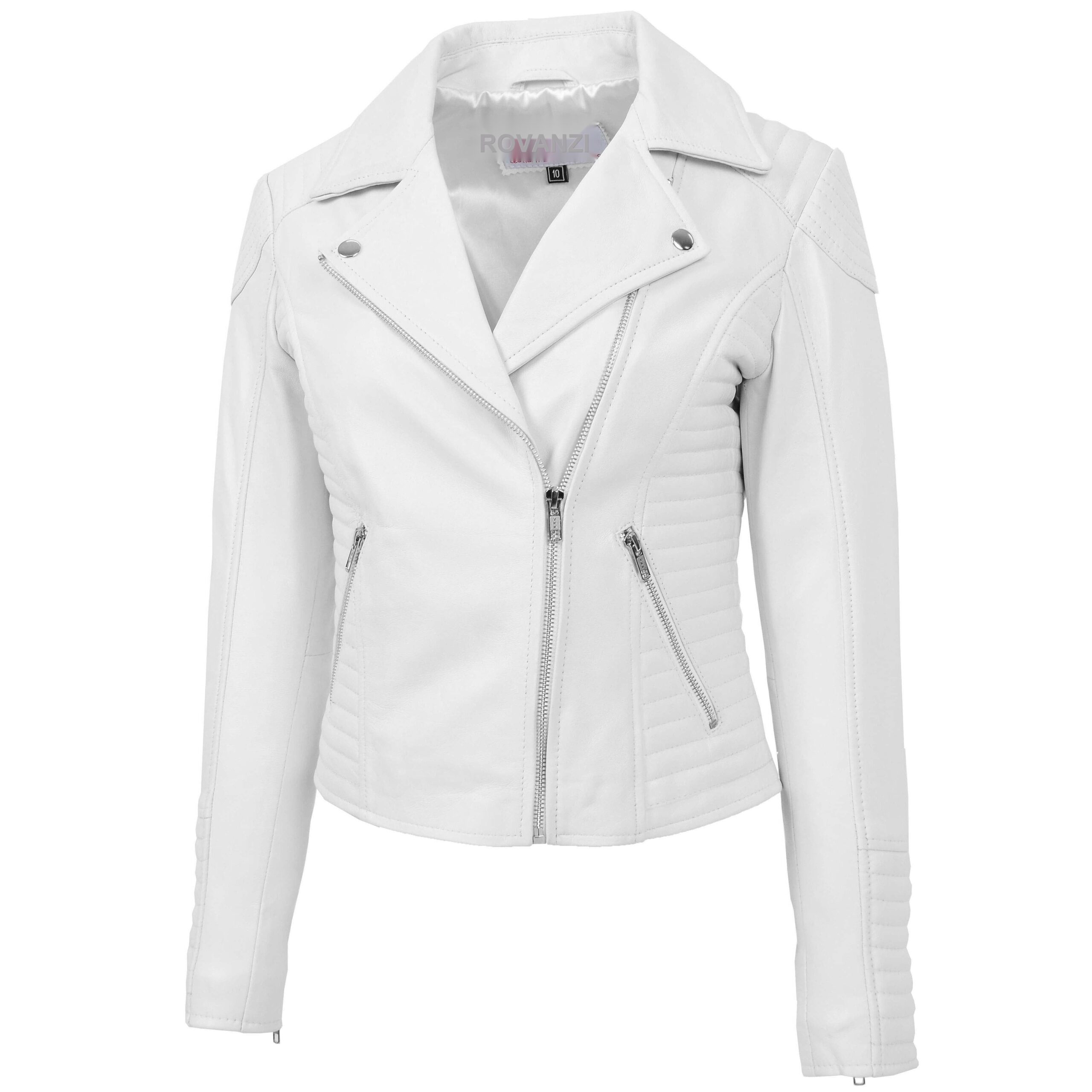 BUNERI Women's White Soft Leather Cross-Zip Biker Jacket – 3