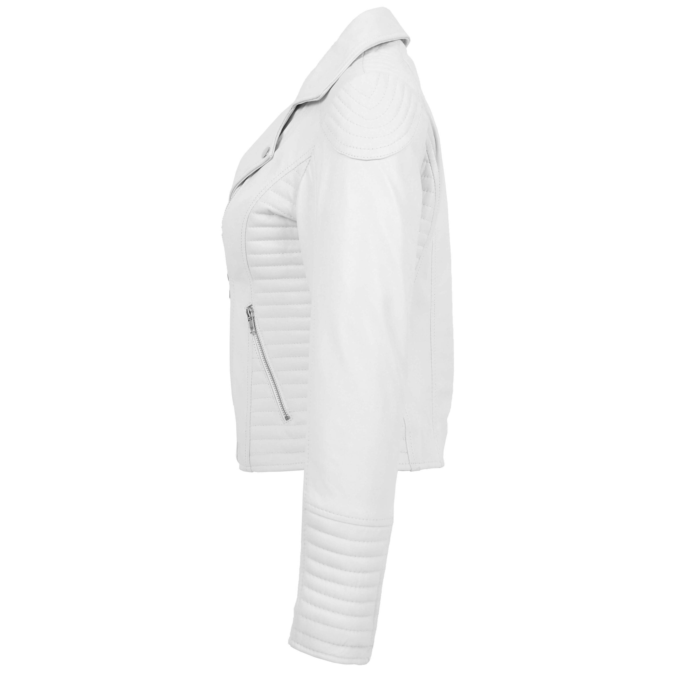 BUNERI Women's White Soft Leather Cross-Zip Biker Jacket – 4