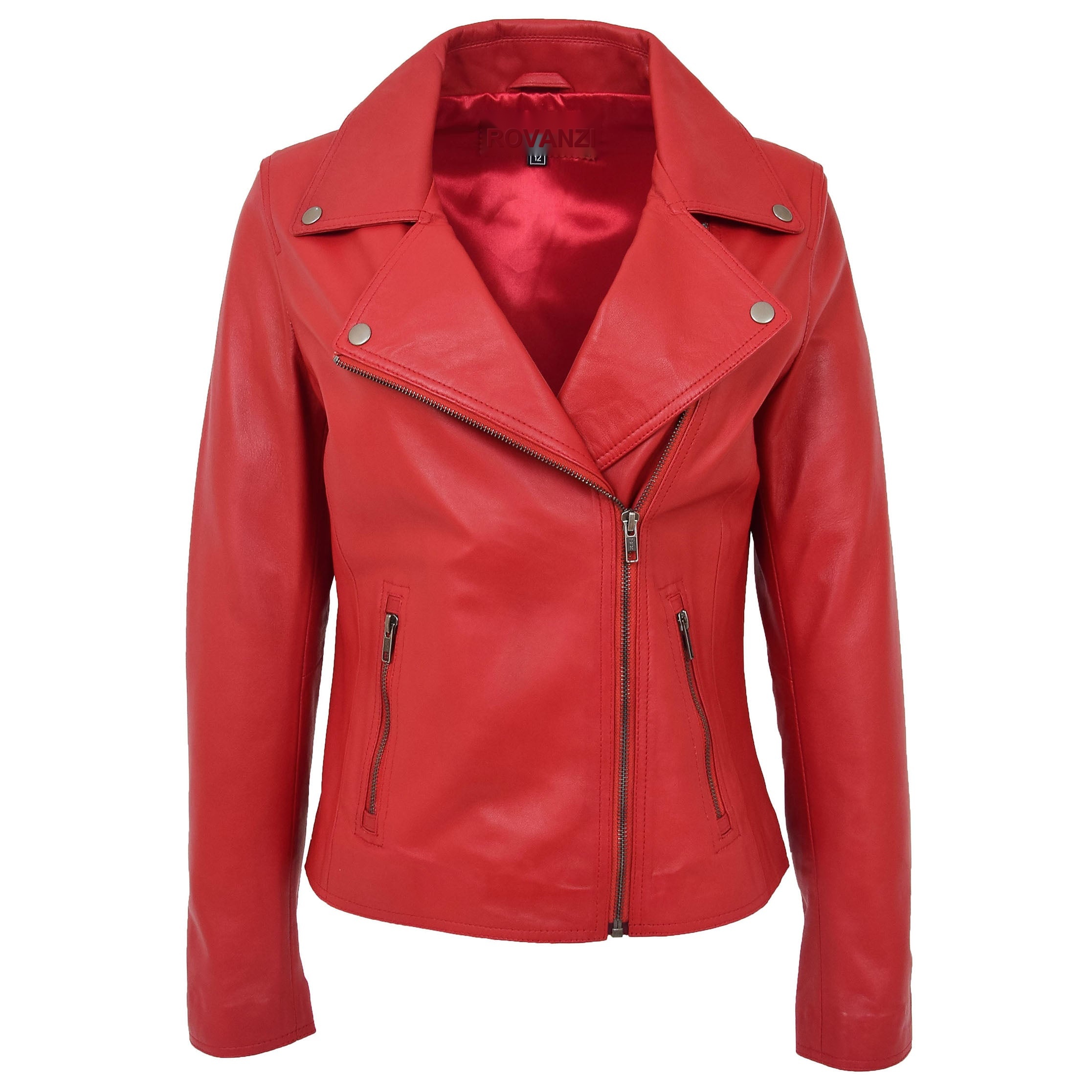 BUNERI Red Soft Leather Cross Zip Biker Jacket Women