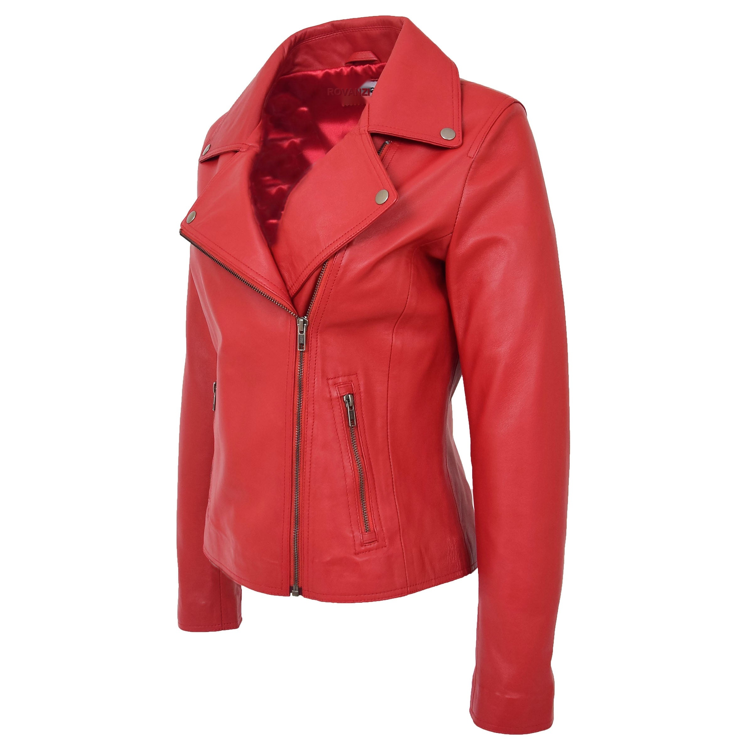 BUNERI Red Soft Leather Cross Zip Biker Jacket Women – 4