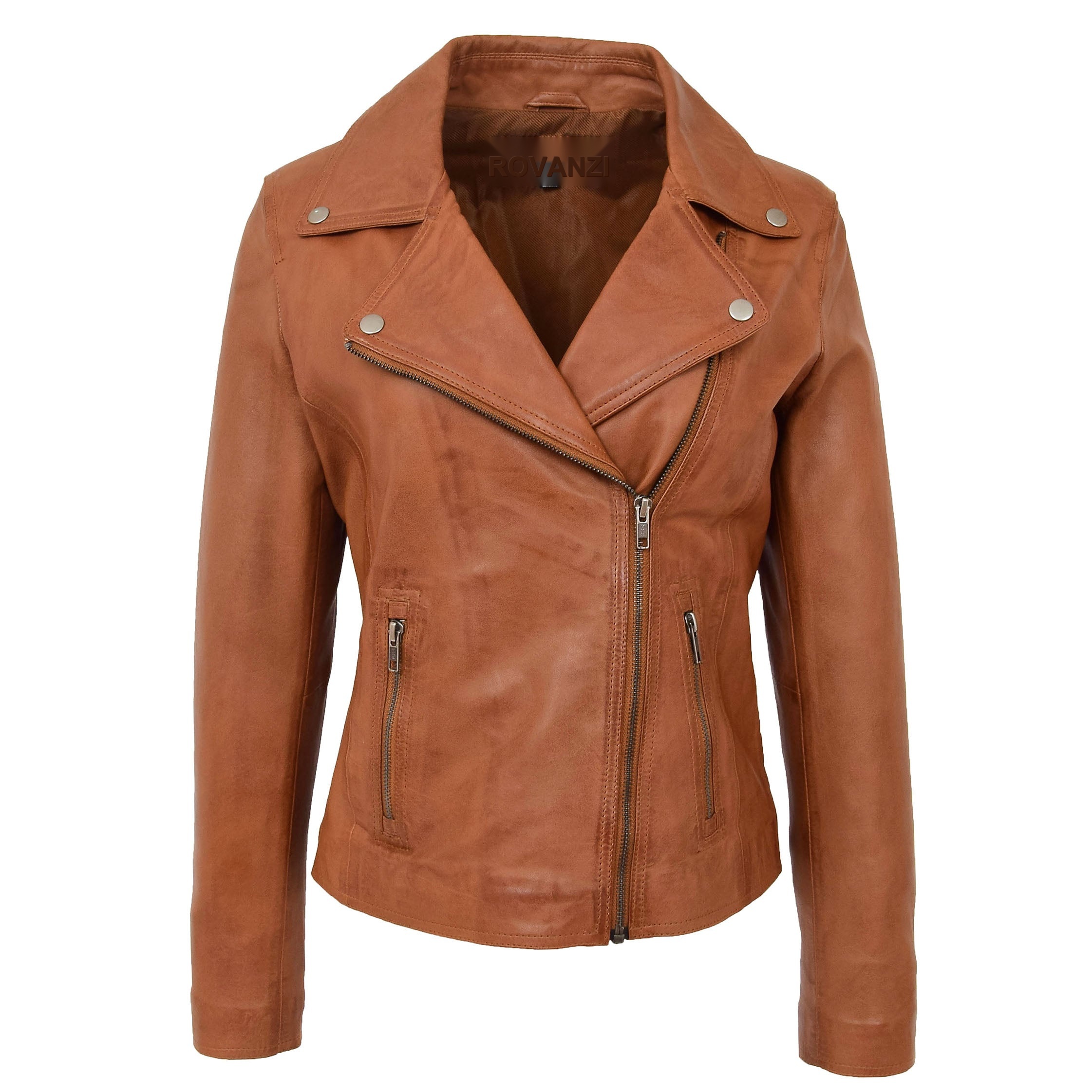 BUNERI Tan Soft Leather Cross-Zip Biker Jacket