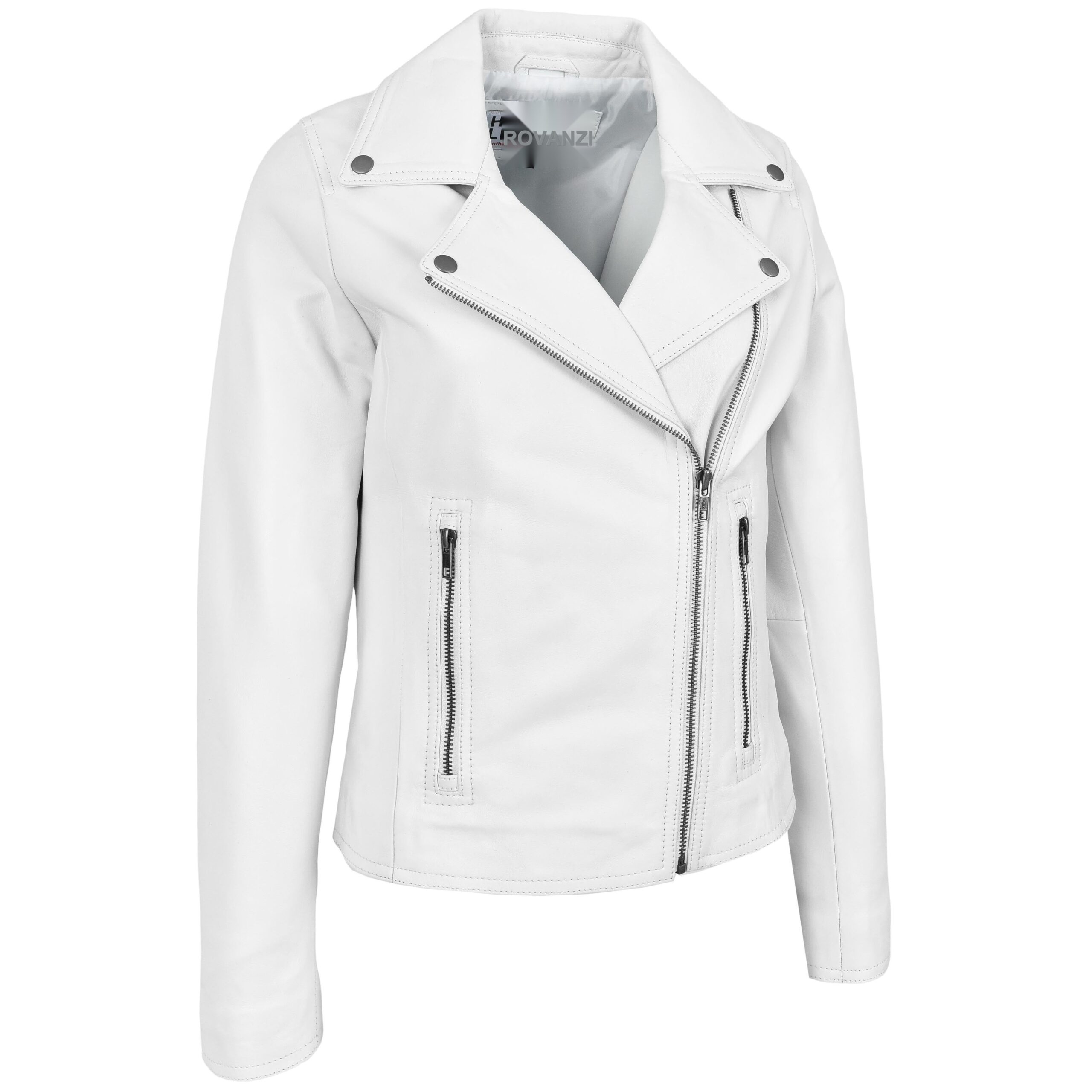 BUNERI White Soft Leather Cross Zip Biker Jacket Women – 5