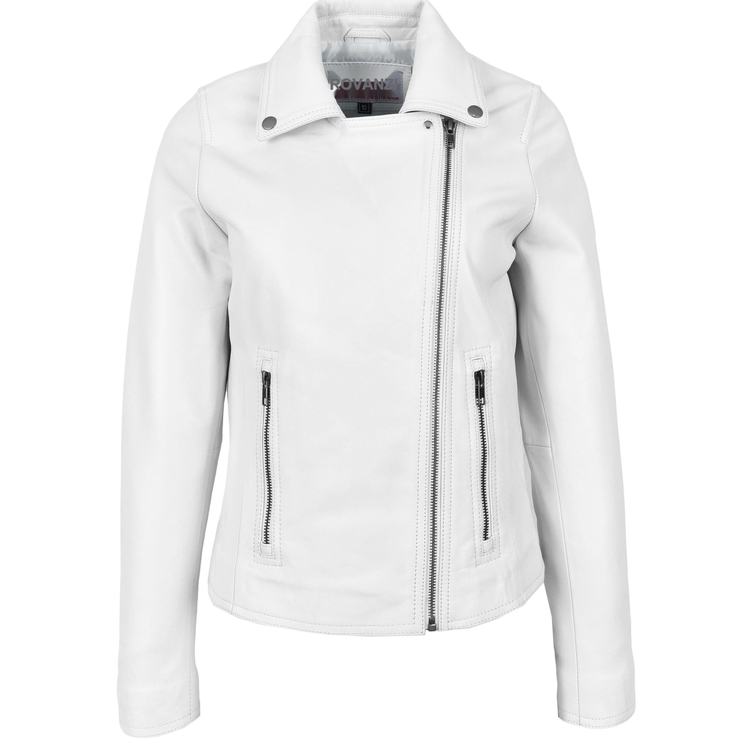 BUNERI White Soft Leather Cross Zip Biker Jacket Women – 4
