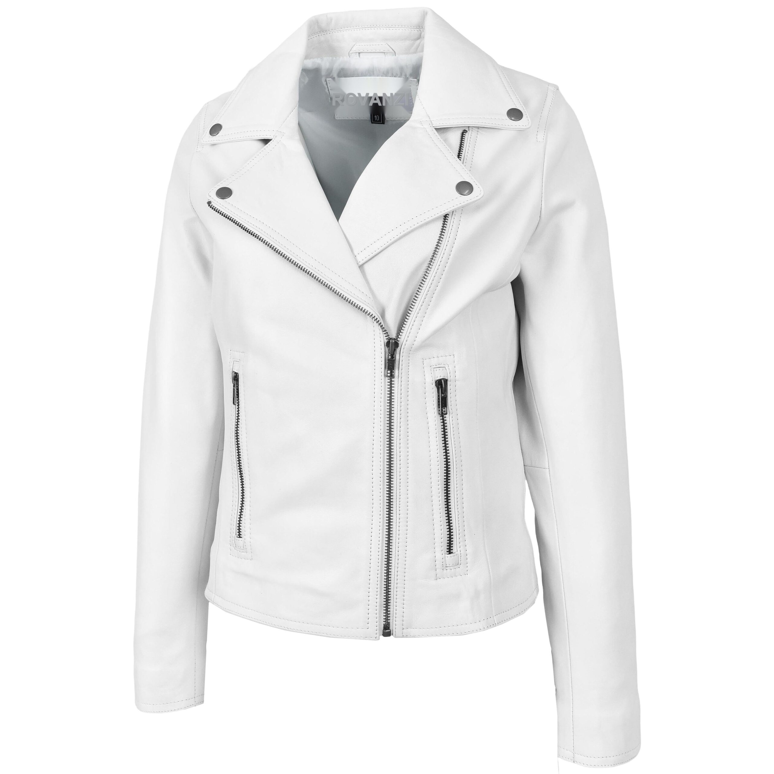 BUNERI White Soft Leather Cross Zip Biker Jacket Women – 3