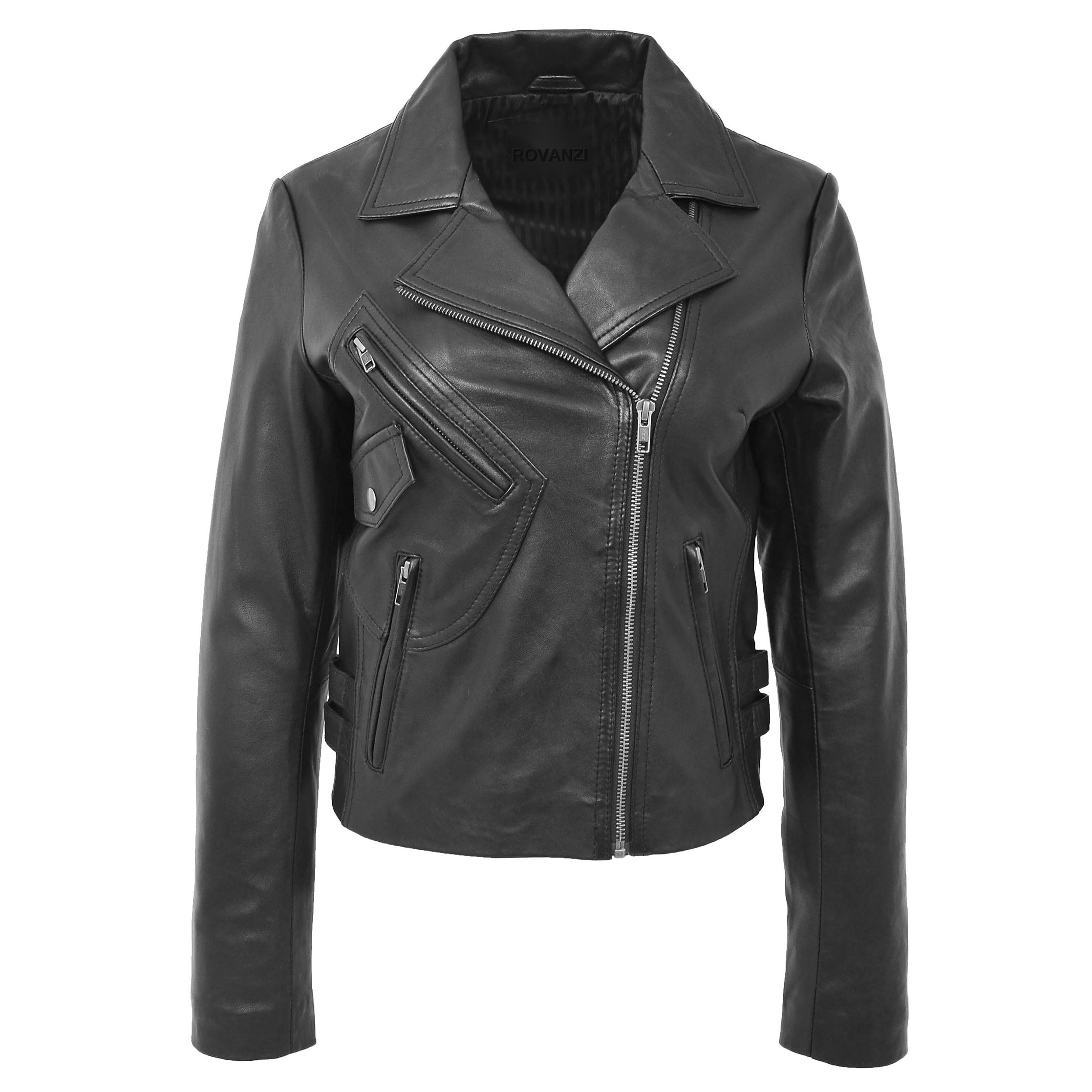 BUNERI Women's Soft Leather Cross-Zip Casual Jacket Black