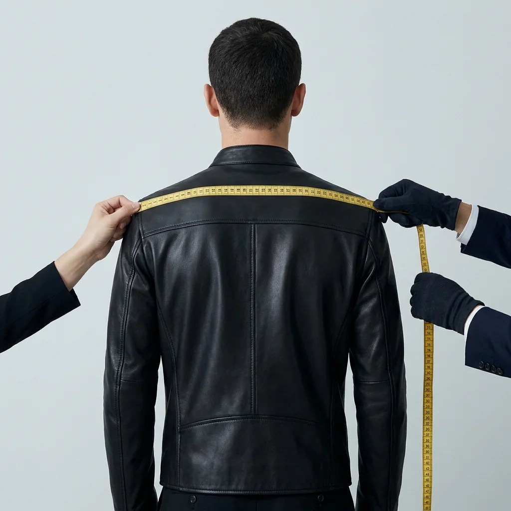 Instruction: Measuring shoulder width for a leather jacket